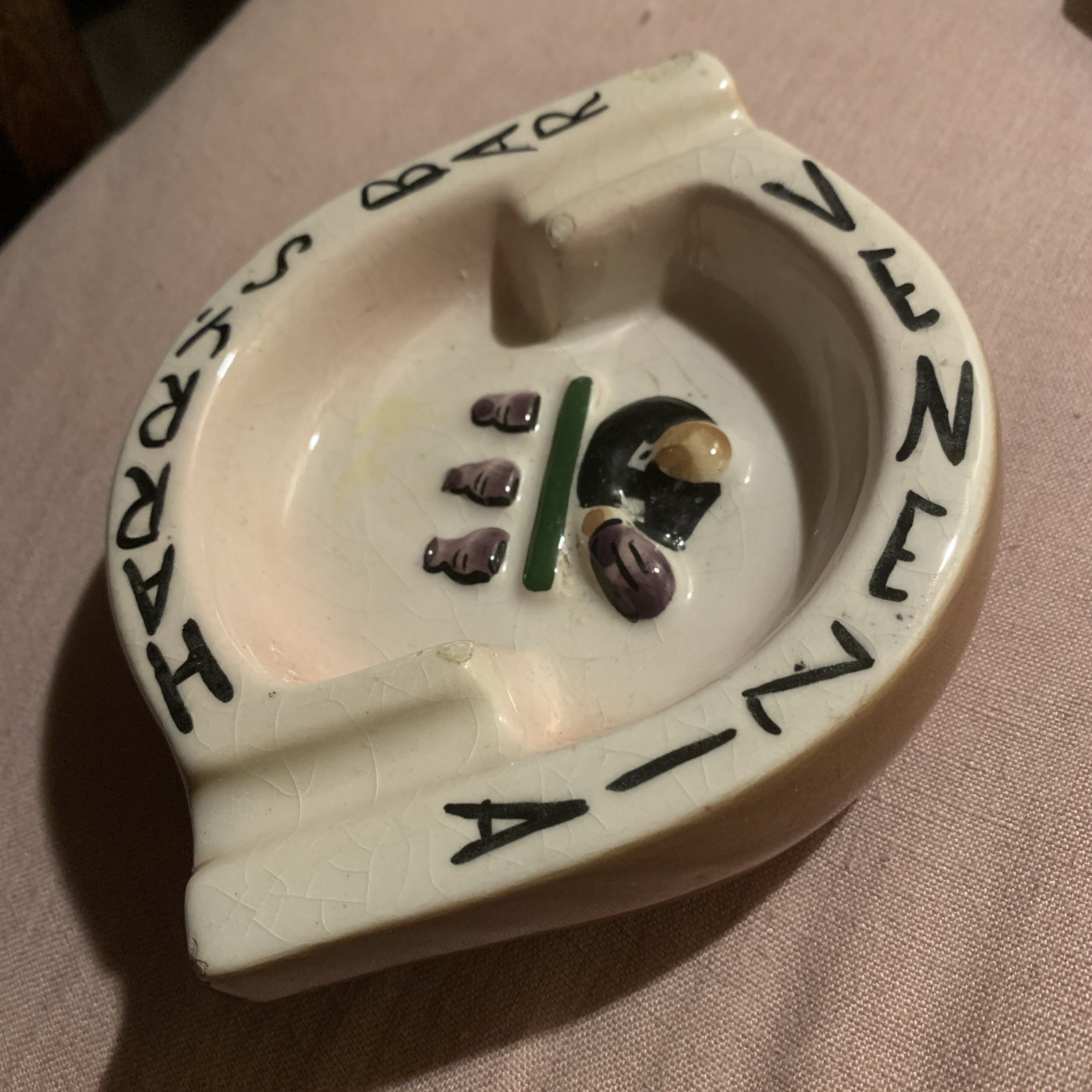 Vtg Harry’s Bar Venezia Italy Ashtray Beige with pink interior signed SAIMI
