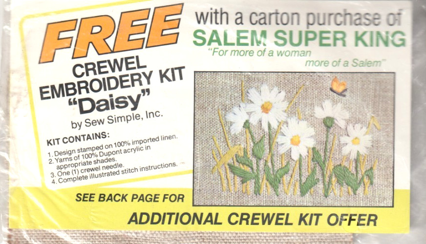 “DAISY” Crewel Embroidery Mini Kit by Sew Simple VINTAGE 1970’s SALEM CIG PROMO