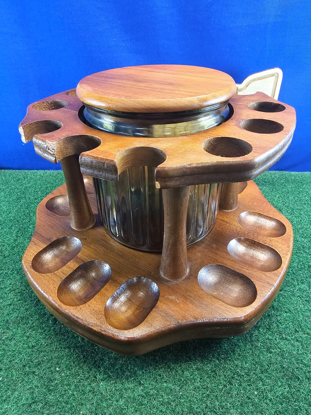 12 Pipe Spinning Wooden Smoking Pipe Rack Display With Green Glass Humidor