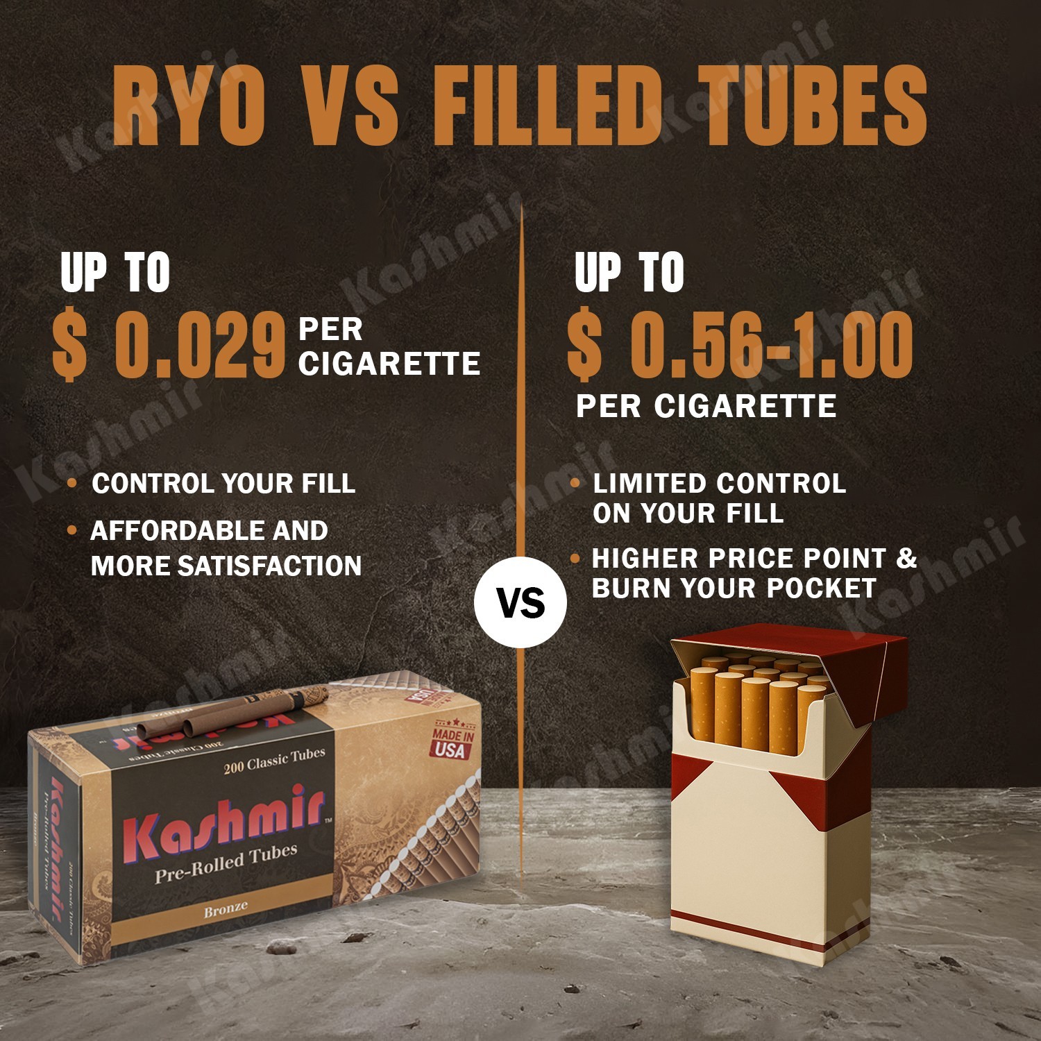 Kashmir Cigarette Tubes Bronze Classic King Size 84 mm RYO Tubes 10 Pack of 200
