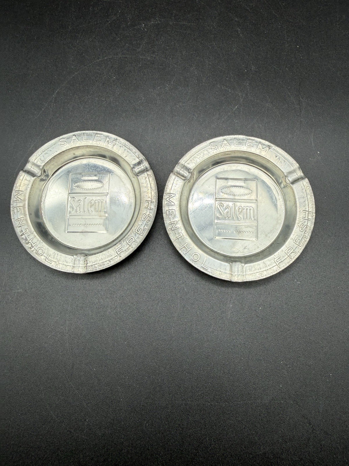 Lot 2 Vintage Tin Metal Salem Menthol Flavor Cigarette Ashtrays Silver Tobacco