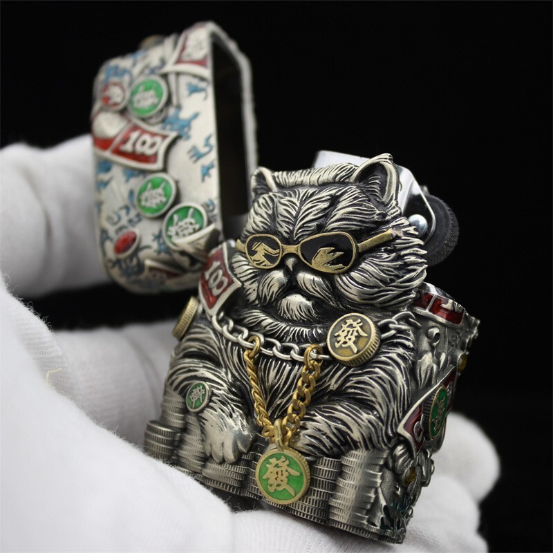 Lucky Cat Heavy Armor Handmade Lighter – Silver & Bronze | Gift | Zippo