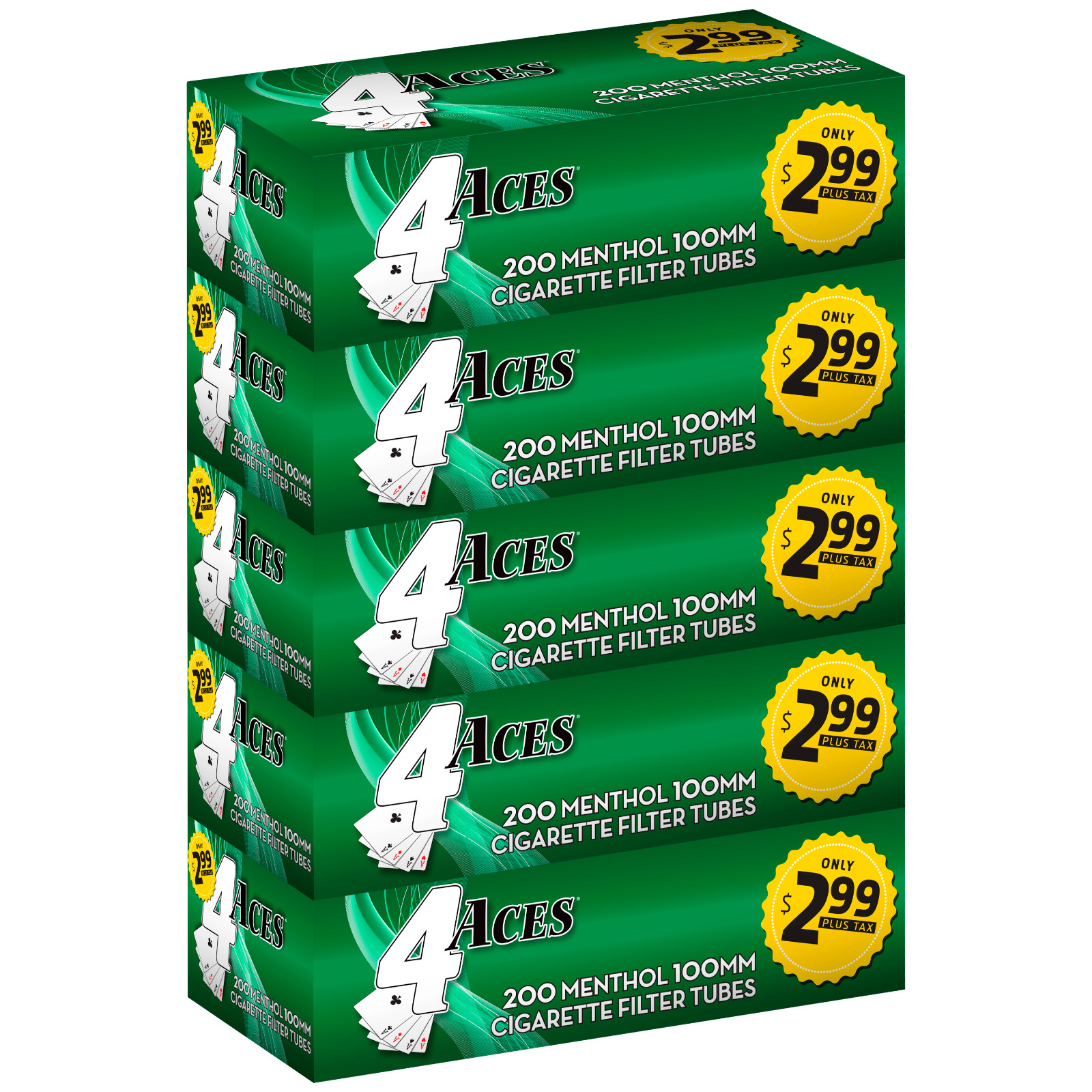 4 Aces Tubes – Menthol 100mm Size Cigarette Filter Tubes – 200 Each, 1000 Total!