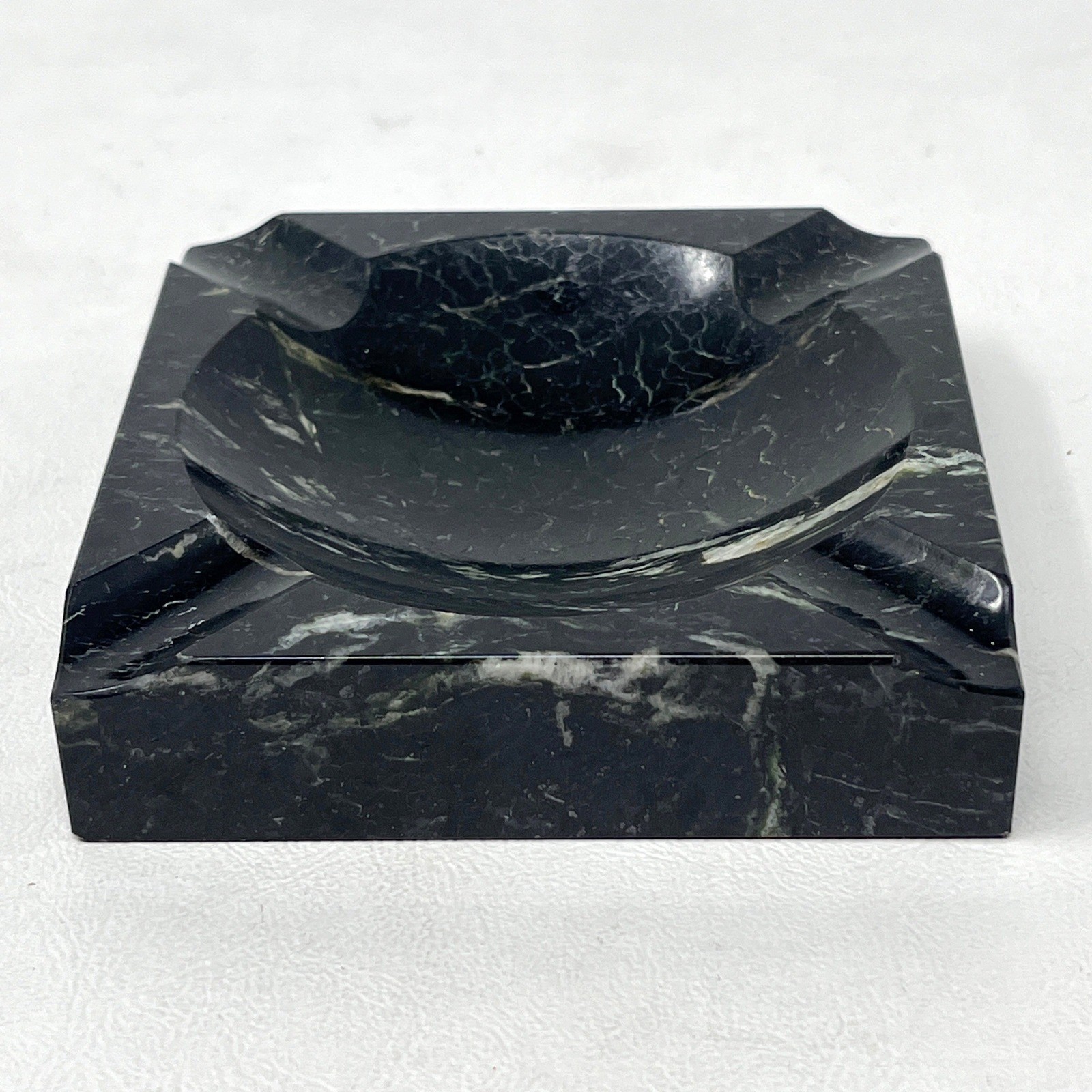 Vintage Black Marble Square Ashtray Heavy Stone 4 Slot Mid Century Modern 4×4