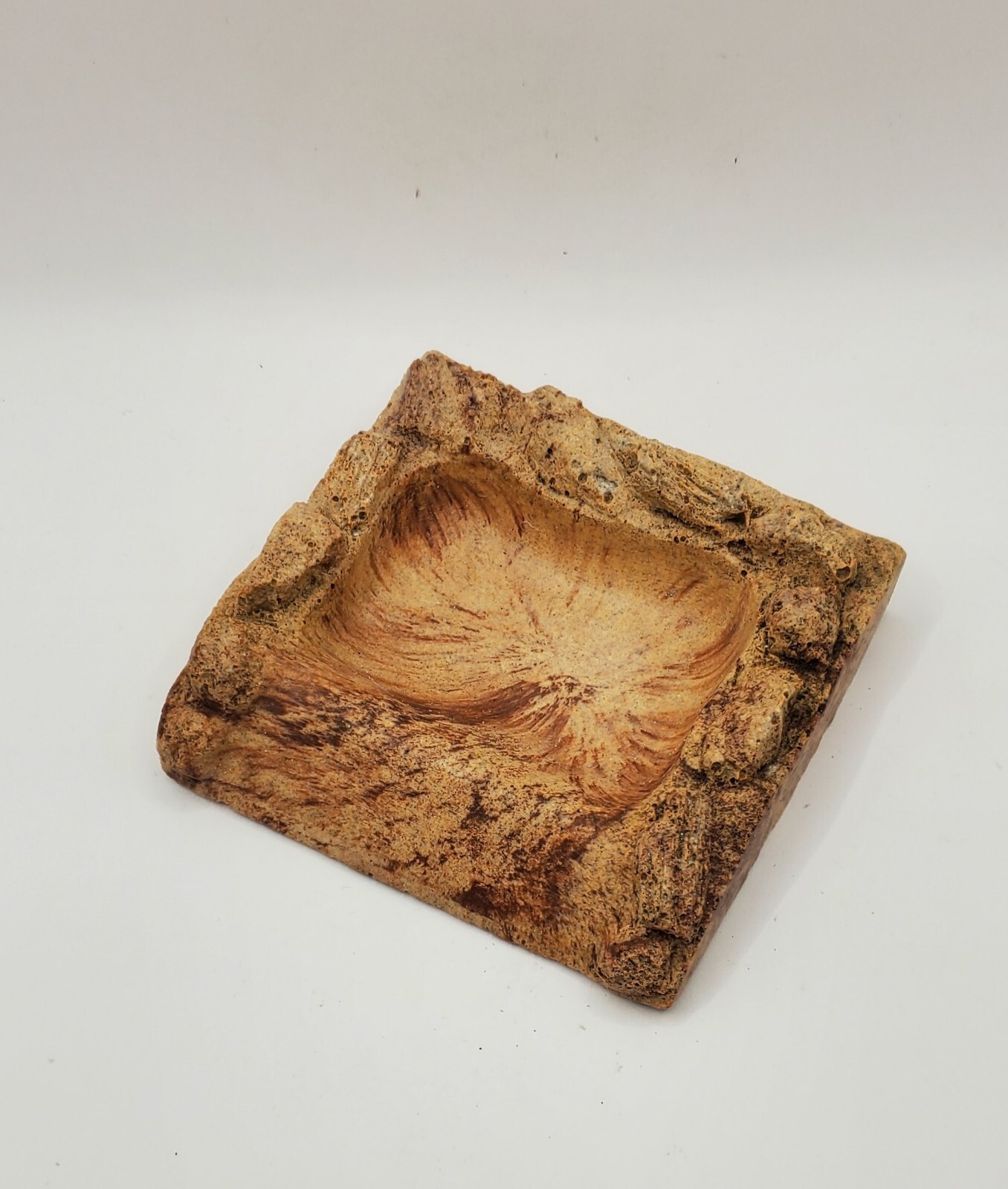 Vintage Handmade SandStone Pottery Brown Beige Stone-shaped Ashtray 4.5 × 5 In