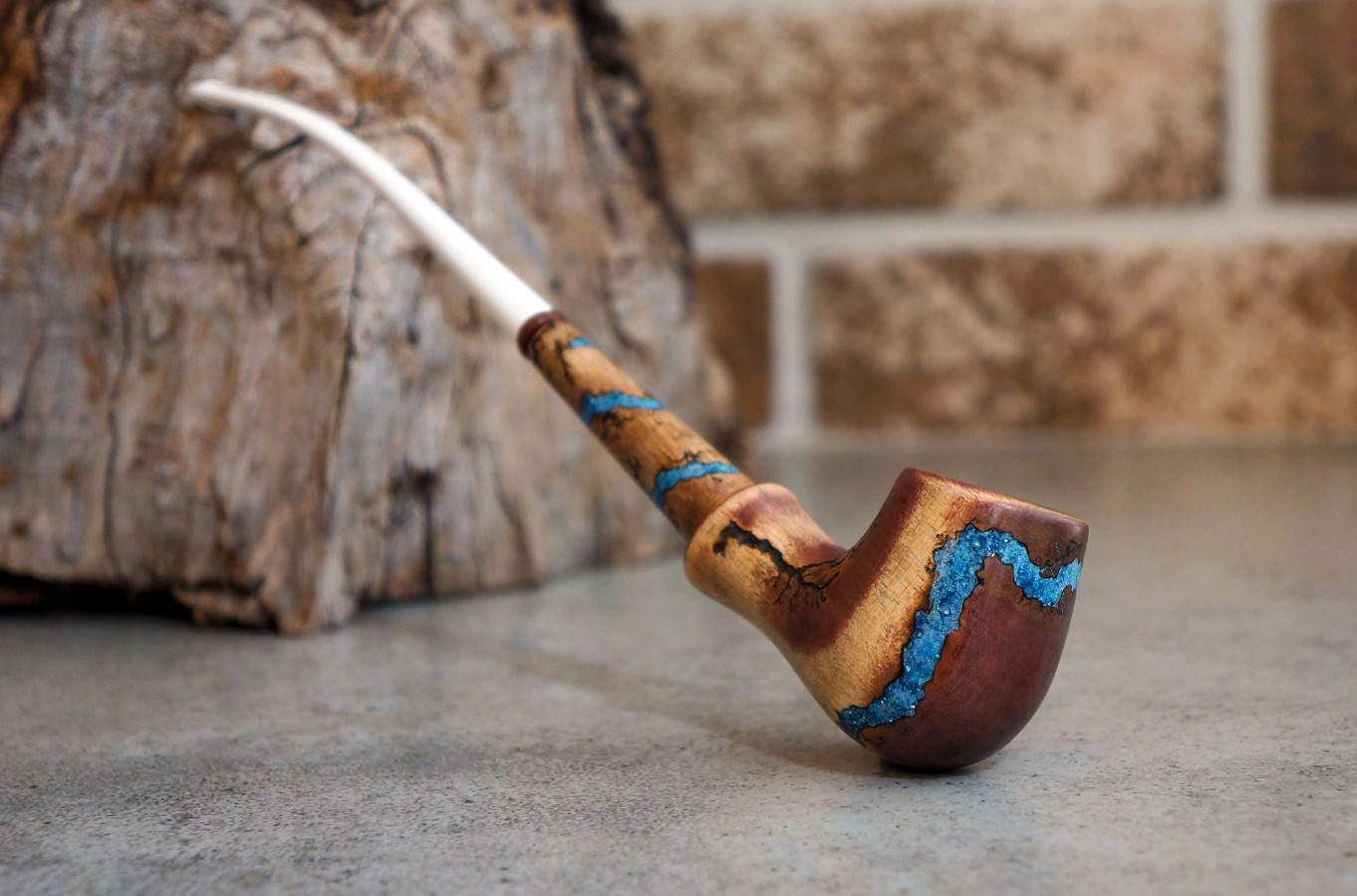 Wooden Tobacco pipe Handmade – Long Smoking Pipe Turquoise Inlay – White Steam