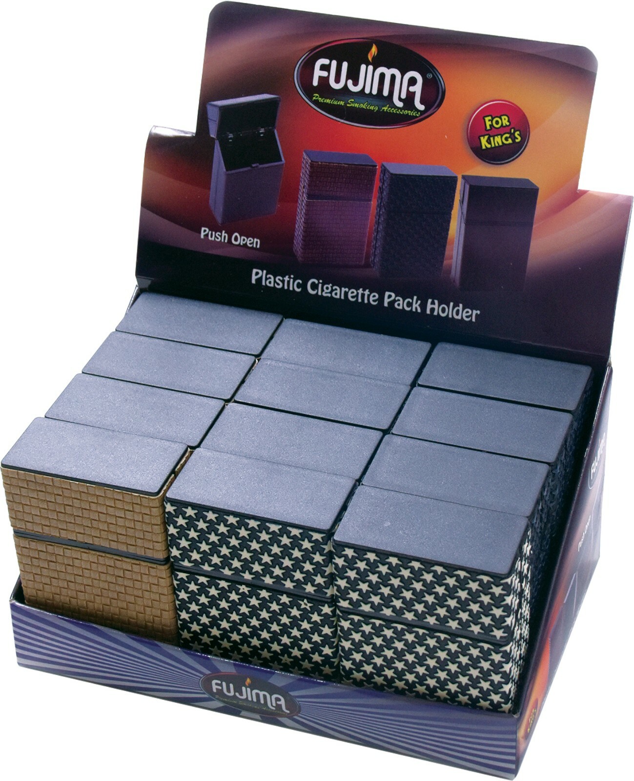 12 Assorted PU Leather Wrapped Push Open Cigarette Case Pack Holders for King’s