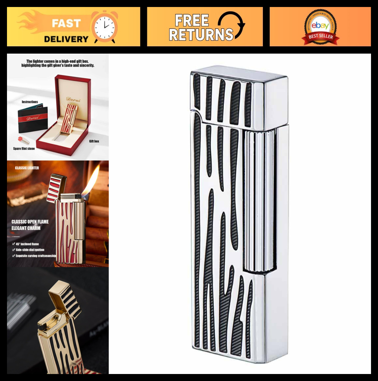 Narrow Butane Lighter, Refillable Soft Flame, Metal Side Slide, Unisex Collectio