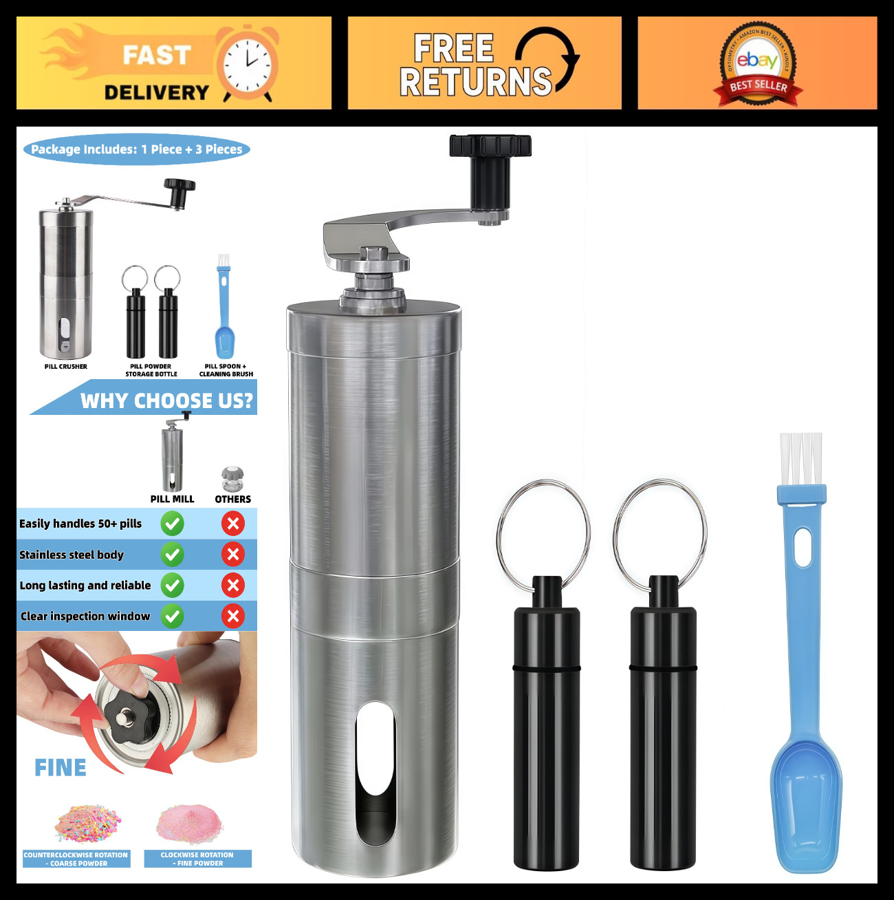 Stainless Steel Pill Crusher with Ceramic Burr | Adjustable Manual Grinder for E