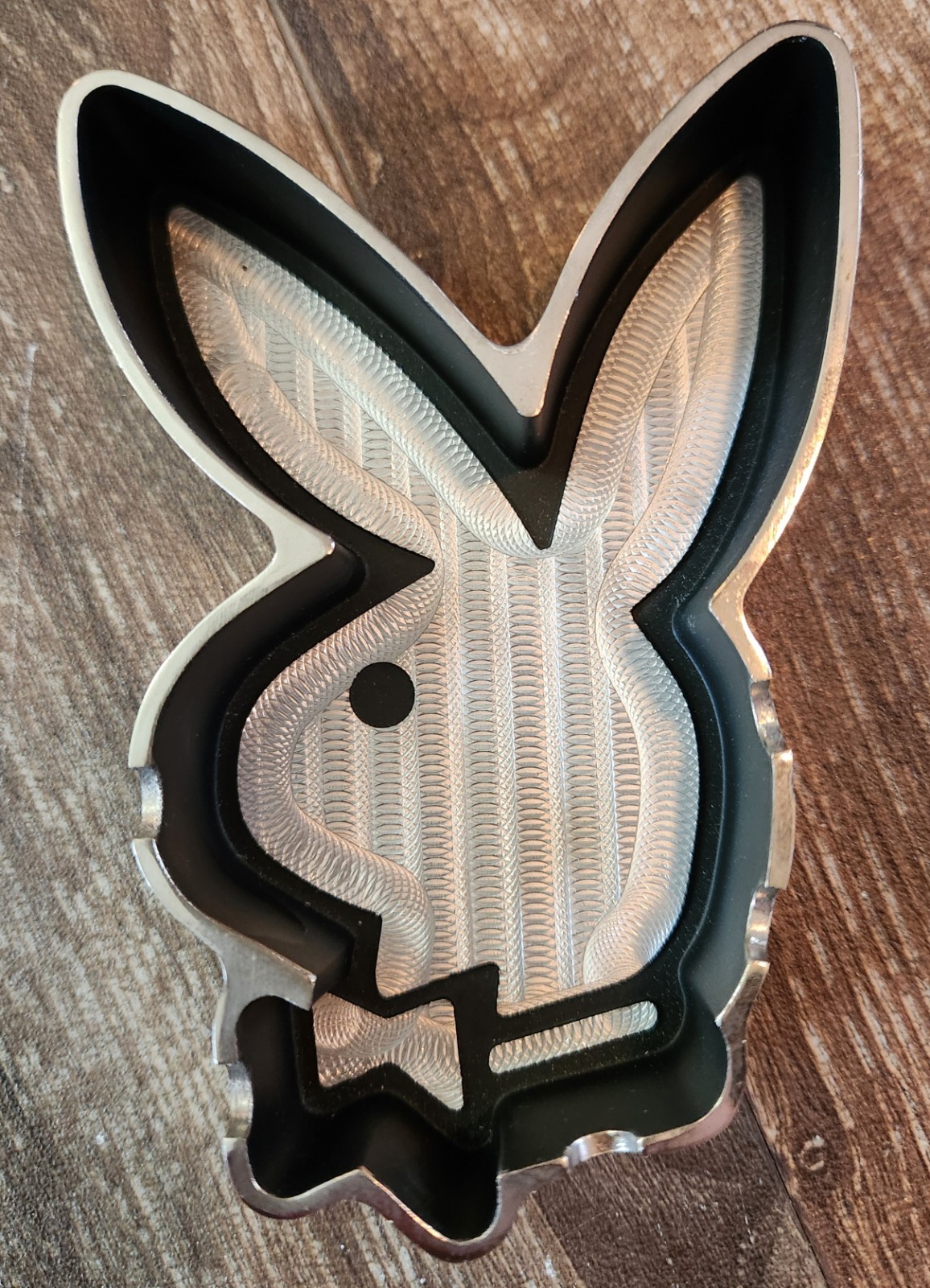 Vintage Playboy Bunny Ashtray Chrome Black Metal 5″ Long x 1″ Deep