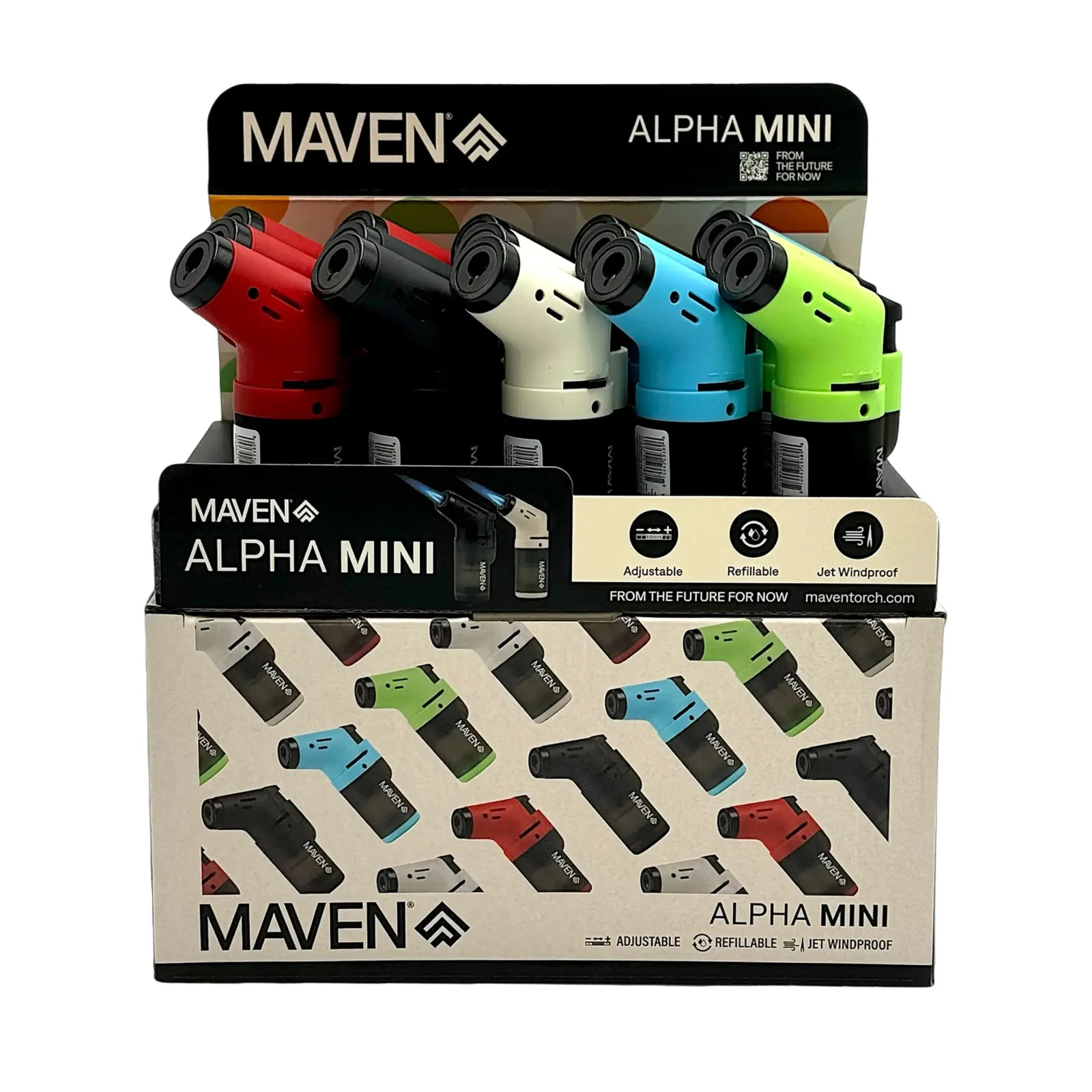Maven Alpha Mini Torch Lighters 15 Pack Display Refillable Jet Flame Assorted