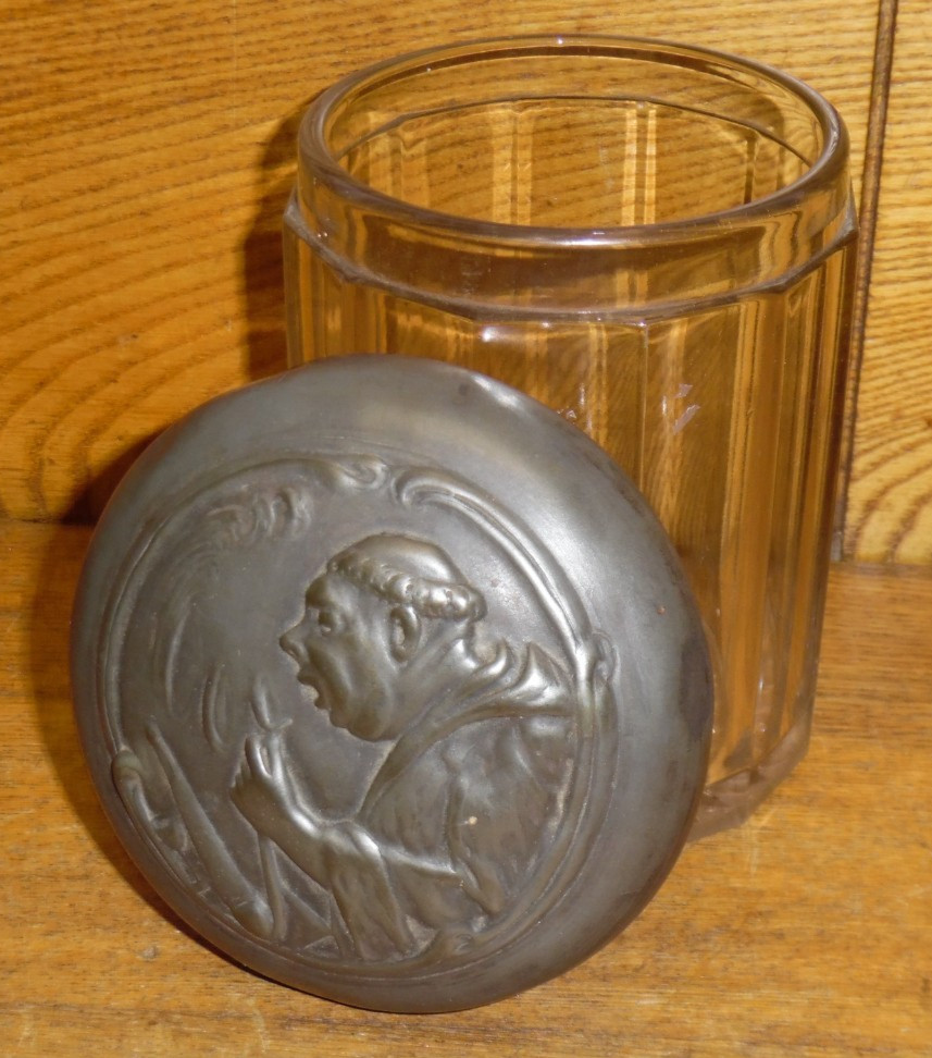 Antique Panel Side Glass Tobacco Jar Humidor w/ Monk On Lid