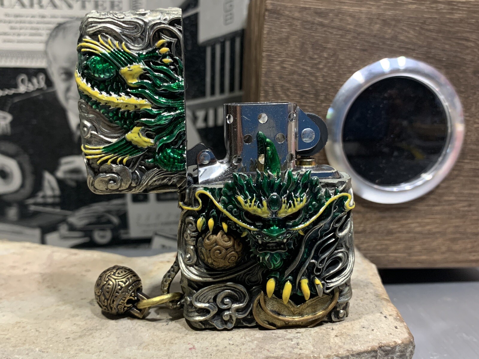 Zippo Dragon silver & green Zippo Lighter Heavy New In Wood Box