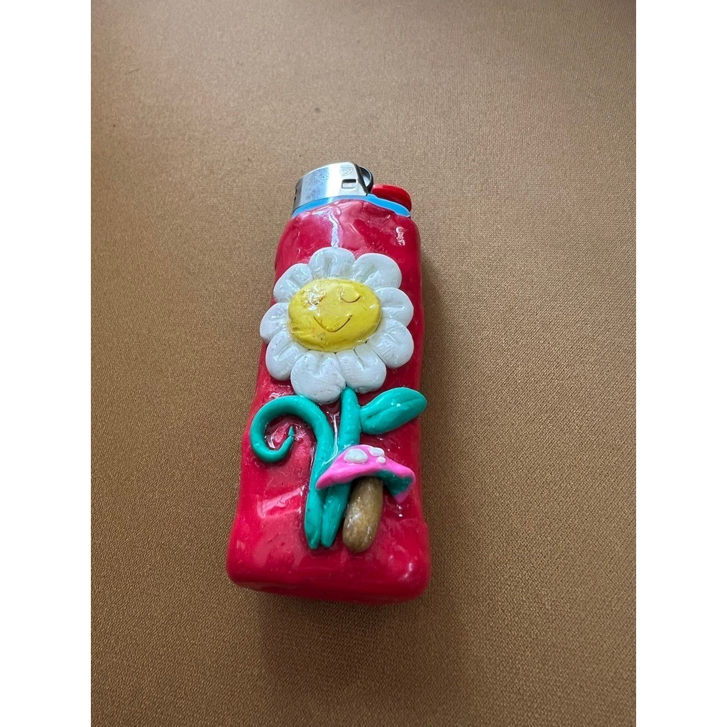 Handmade Pink / Red Polymer Clay Lighter Case Daisy Mushroom 3D Floral Accessory
