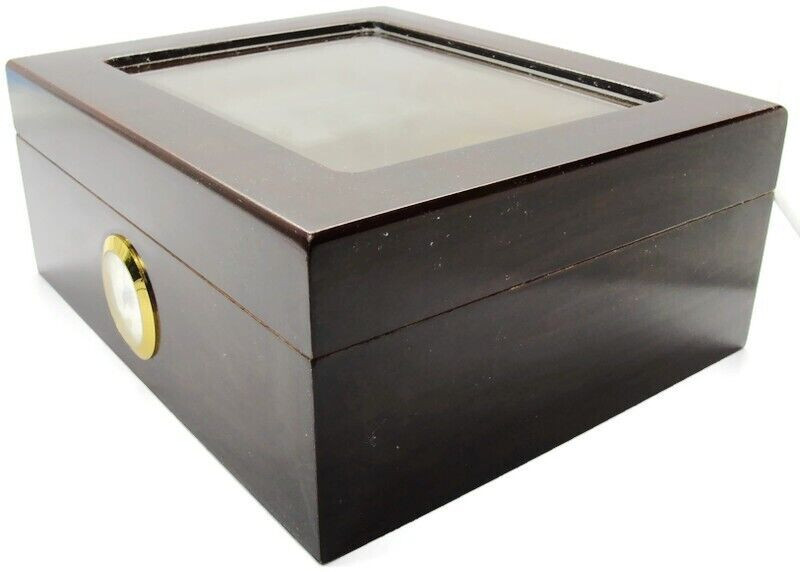 Cigar Tobacco Humidor In Box Hydrometer 10.5″x9″x4.25″ Wood Veneer Glass Lid