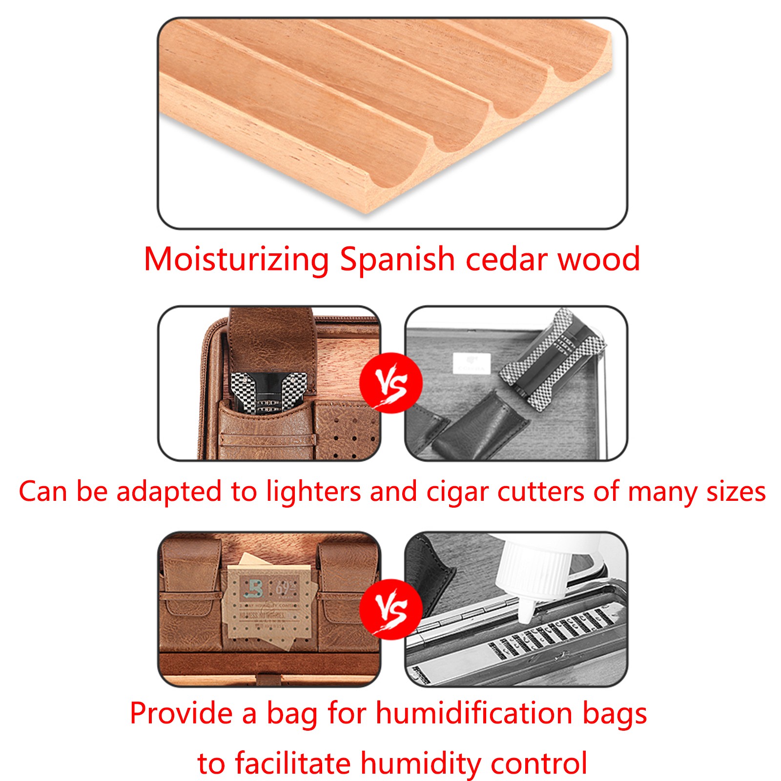 Galiner Travel Leather Cigar Humidor Case Cedar Wood Humidity Box Holder 4ct