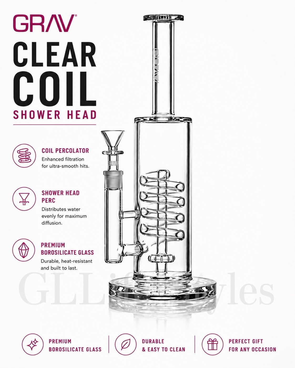 GRAV® CLEAR COIL SHOWERHEAD WATER PIPE, HOOHAH, Bong, Thick Glass Coils, Classy
