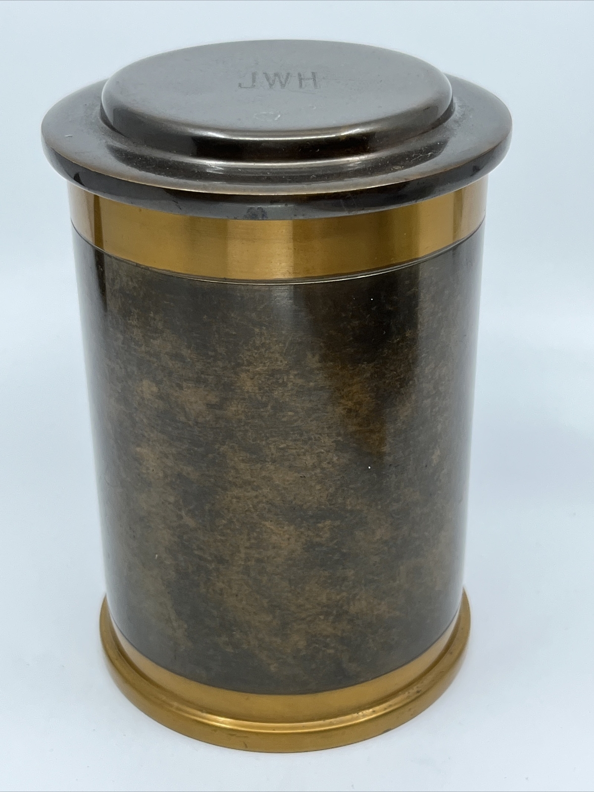 Antique Silver Crest Bronze Humidor Tobacco Cigar Canister Jar Monogram JWH