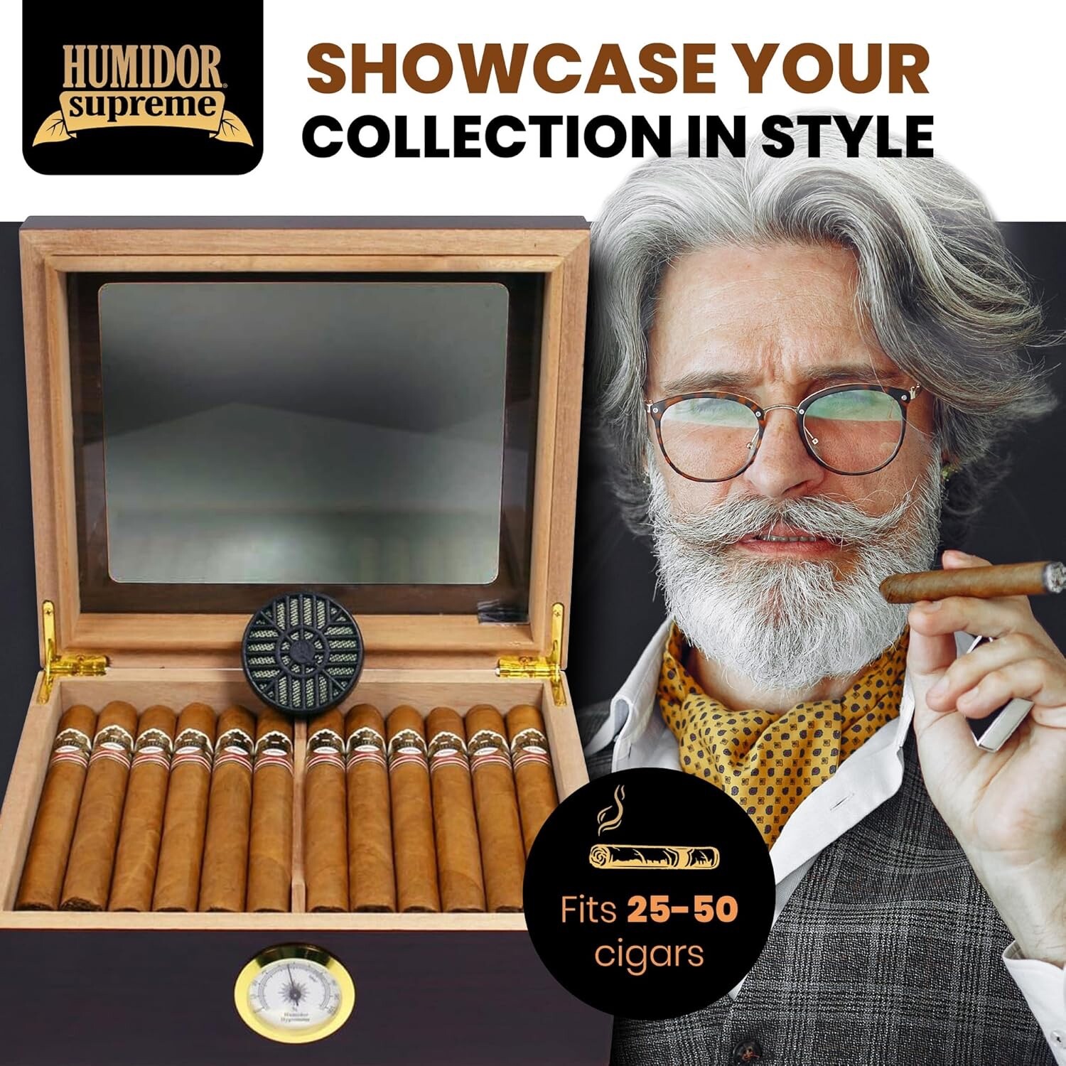 Humidor Supreme Small Cigar Humidor Wood Box, Capri with Glass top-Cedar Divider