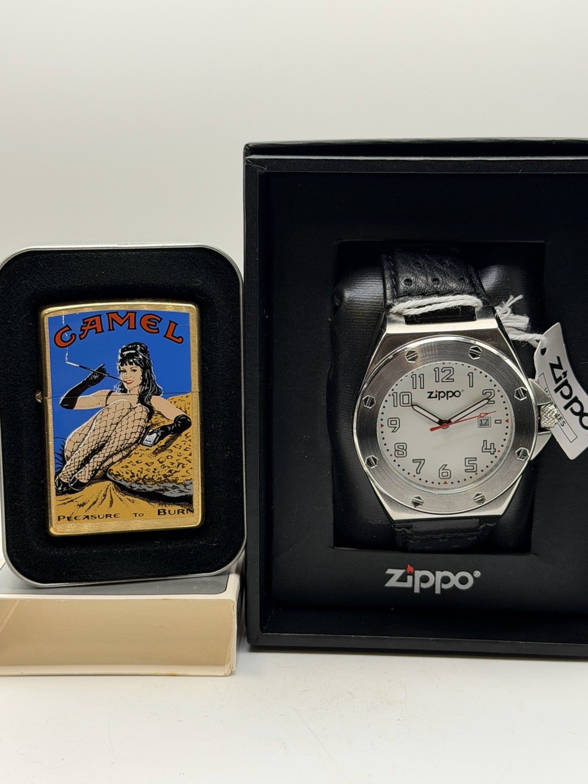 Vintage 2000 Camel Pleasure To Burn Fishnet Pinup Zippo Lighter & Men’s Watch