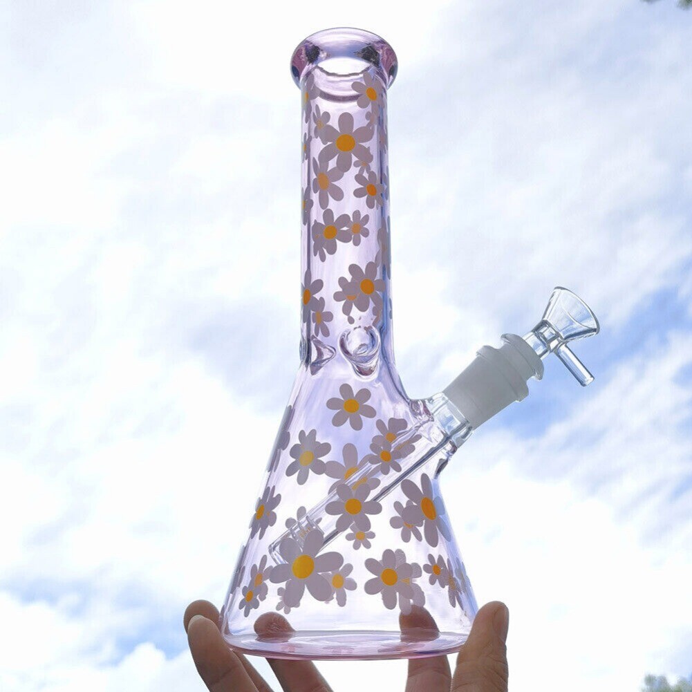 1X 10” Smoking Hookah Handcraft Pink Daisy Glass Bong Water Pipe +Glass Bowl US