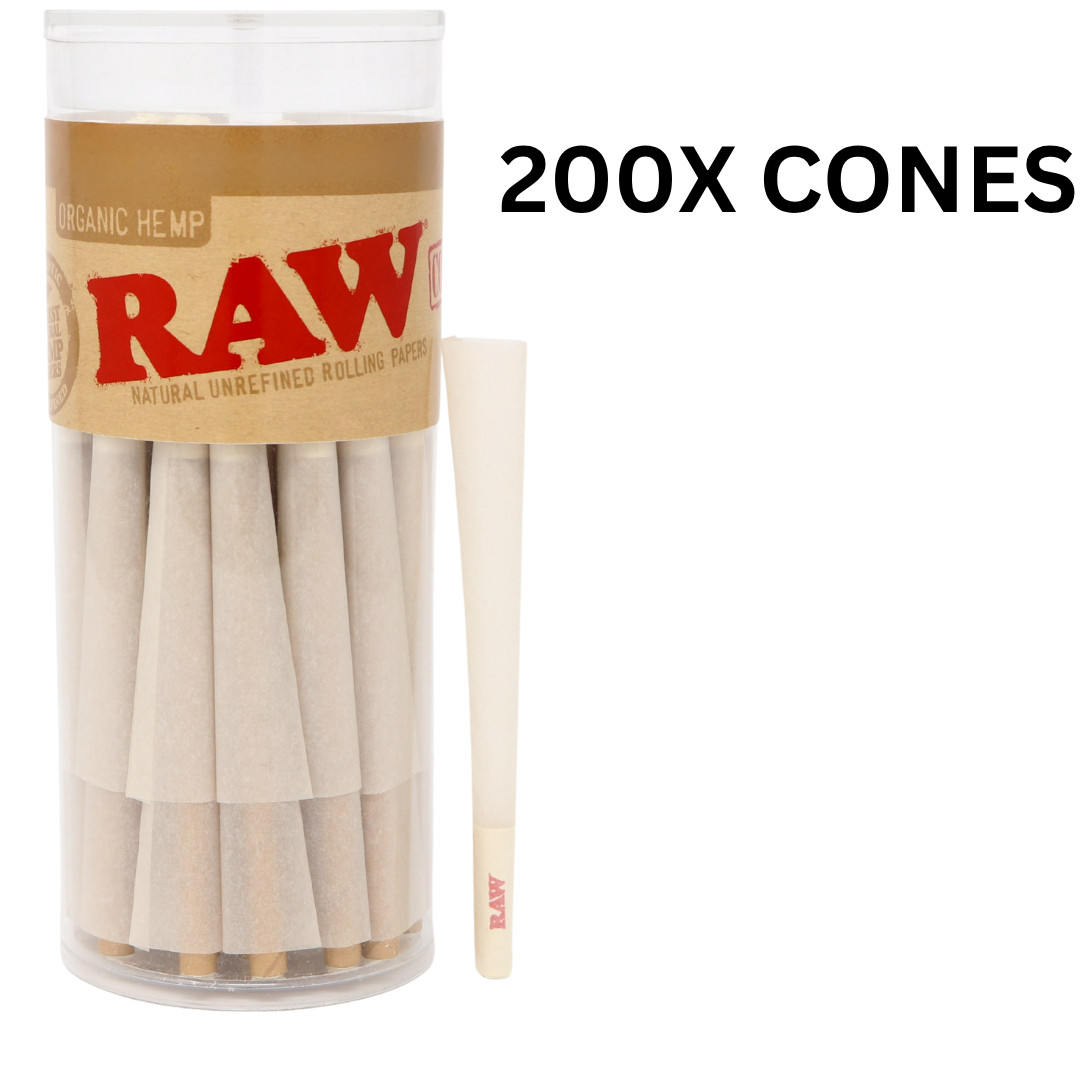 RAW Organic Classic 1 1/4 Size Pre-Rolled Cones –200 Pack with Built-in Tips