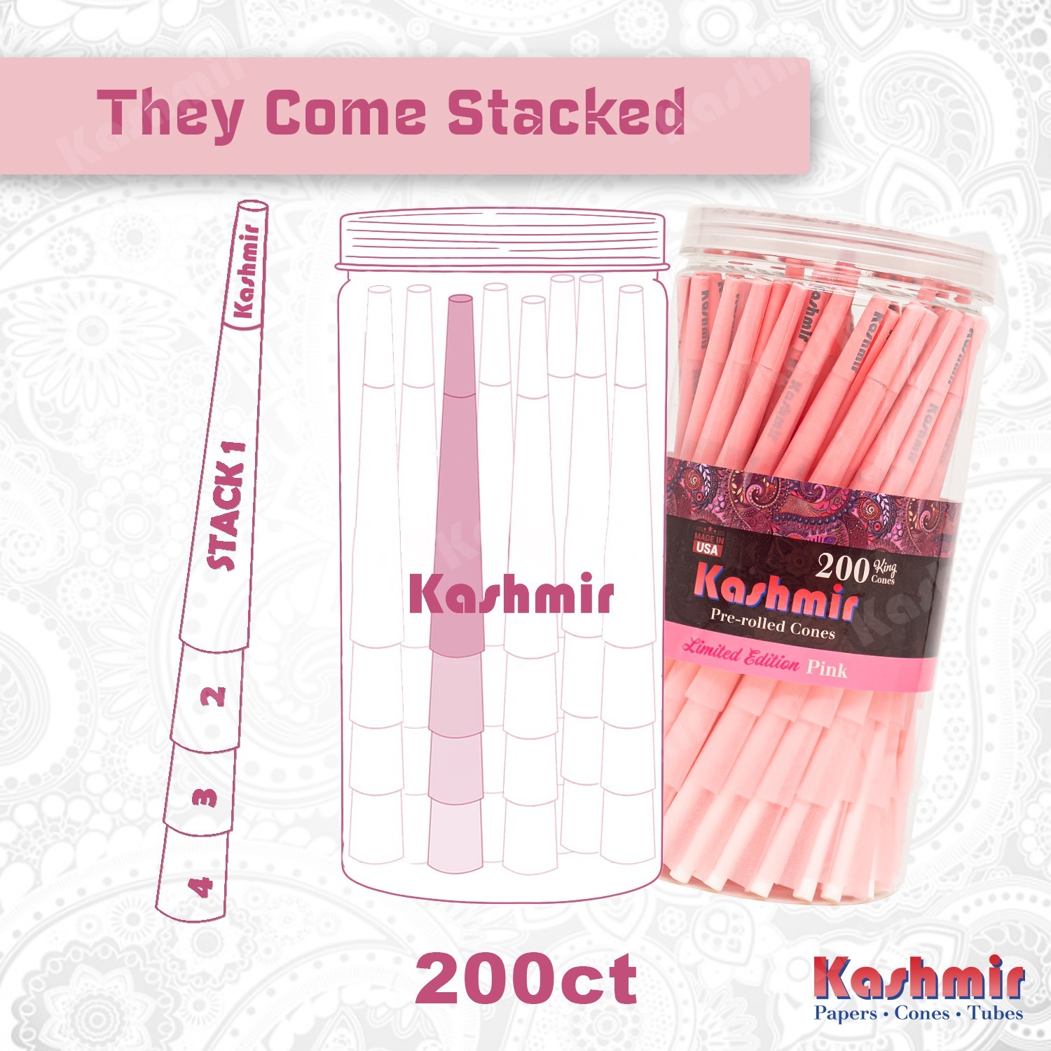 Kashmir Pink Pre Rolled Cones King Size – 200 Ct Limited Edition Rolling Paper