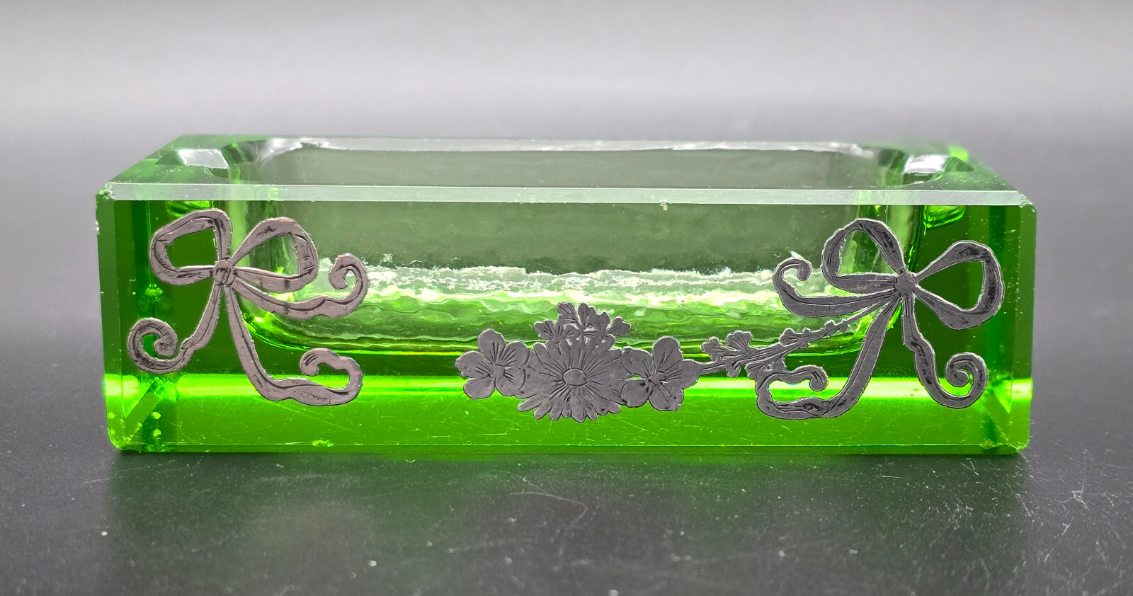 Antique Victorian Green Glass Ashtray with Sterling Silver Decorations/UK/c1900