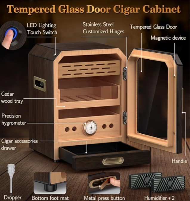 Luxury Cigar Humidor, Lighted Control Magnetic Door Desktop Cabinet