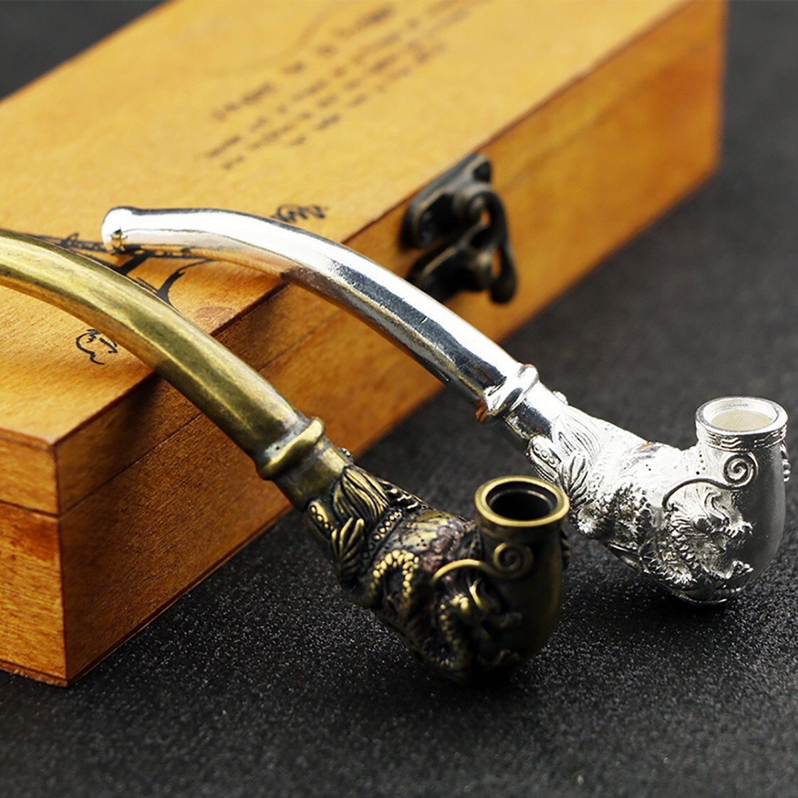 2Pcs Bronze Dragon Silver Phoenix Tobacco Smoking Pipe Hand Carved Copper Statue