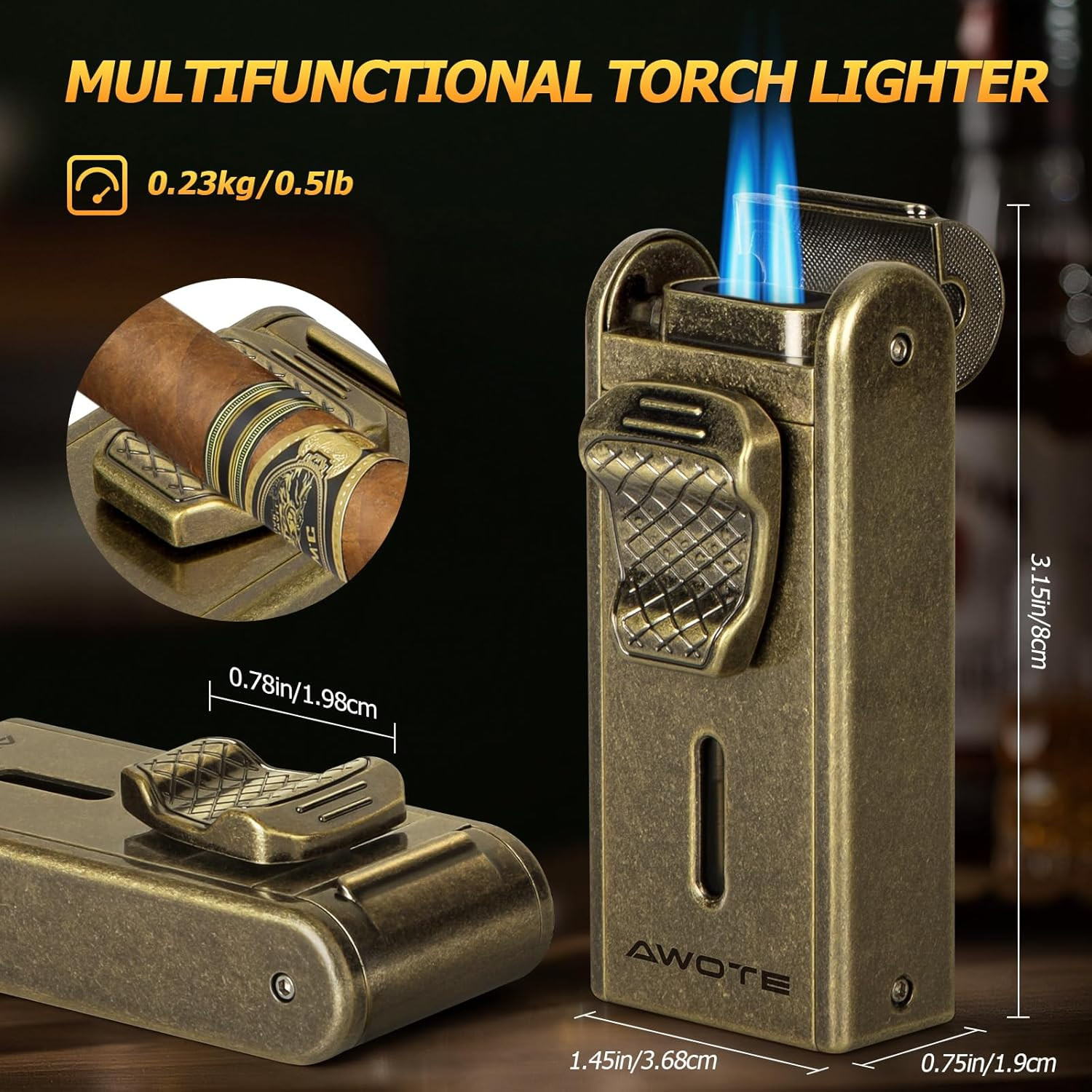 Torch Lighter with Adjustable Dual-Flame Built-in Cigar Punch Holder Cutter