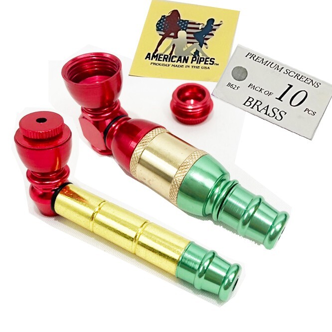 Americanpipes™️ set of 2 PCS 3.25″ Rasta Metal Smoking Hand Pipe w Lid & screens