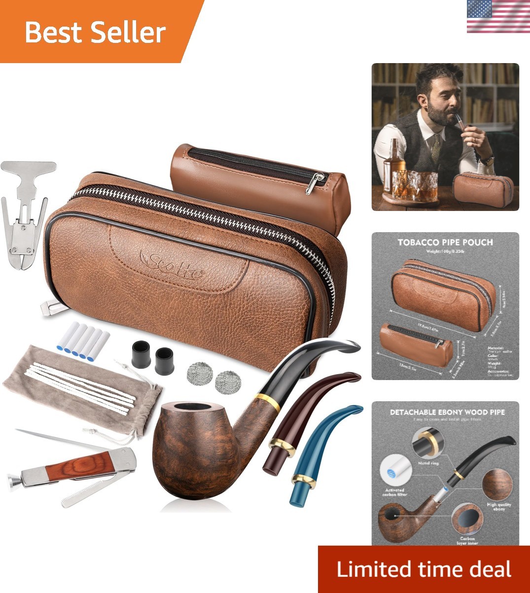 Luxury Wood Pipe Set in Brown with Leather Pouch & Gift Box – Perfect Gift