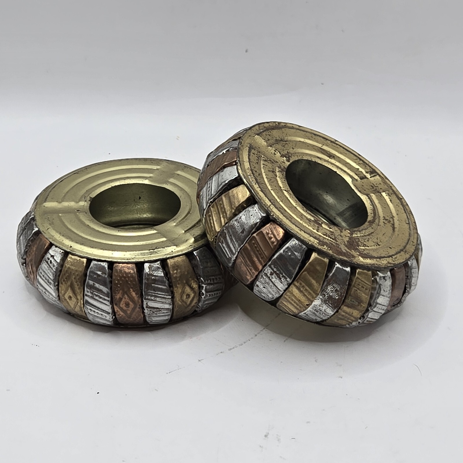 Vintage Pair Of BRASS Tin Art Deco ASHTRAYS 3 Colors Golden Bronze Silver