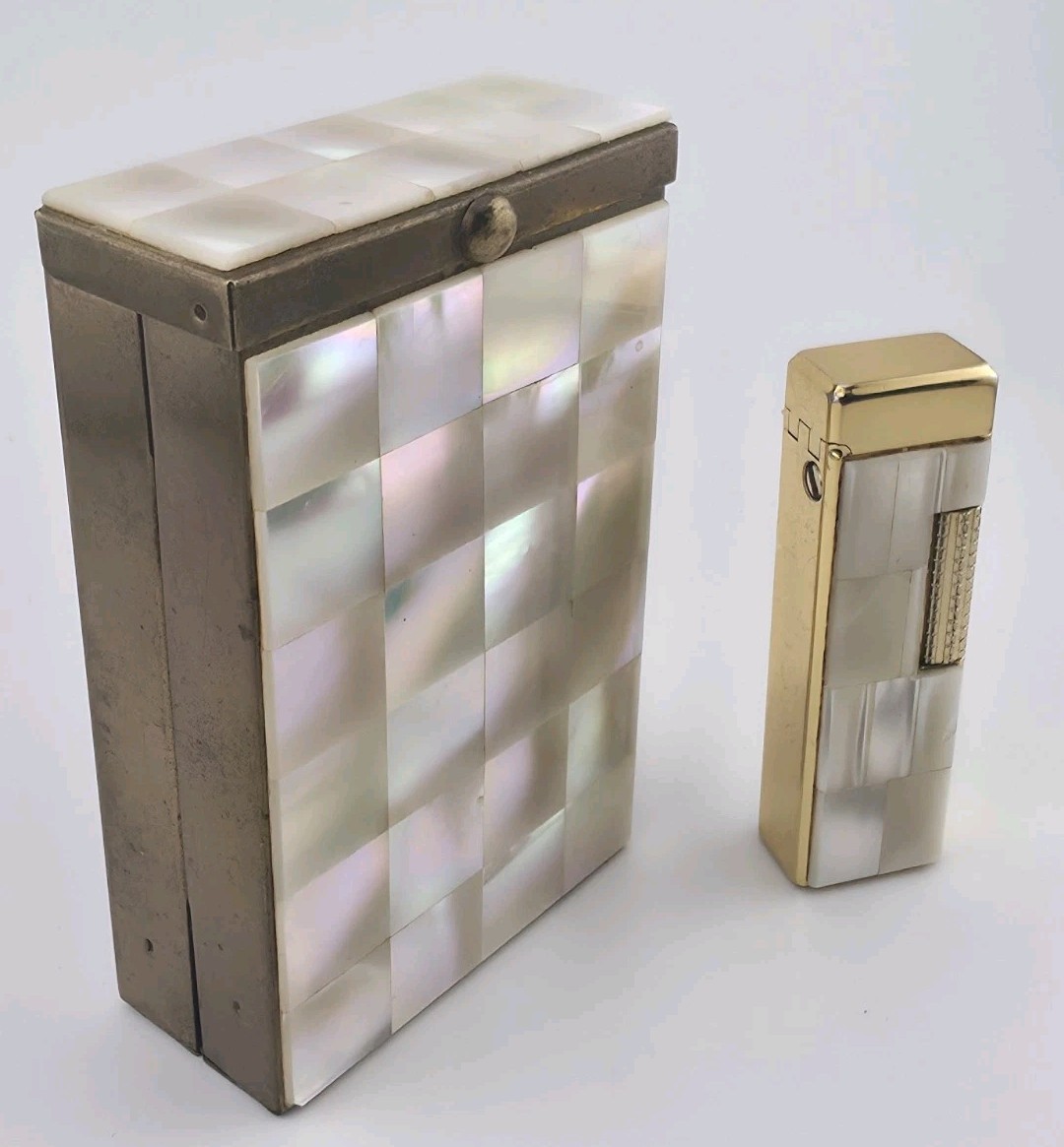 VINTAGE MCM MOTHER OF PEARL CIGARETTE CASE WITH WIN MOTHER OF PEARL LIGHTER