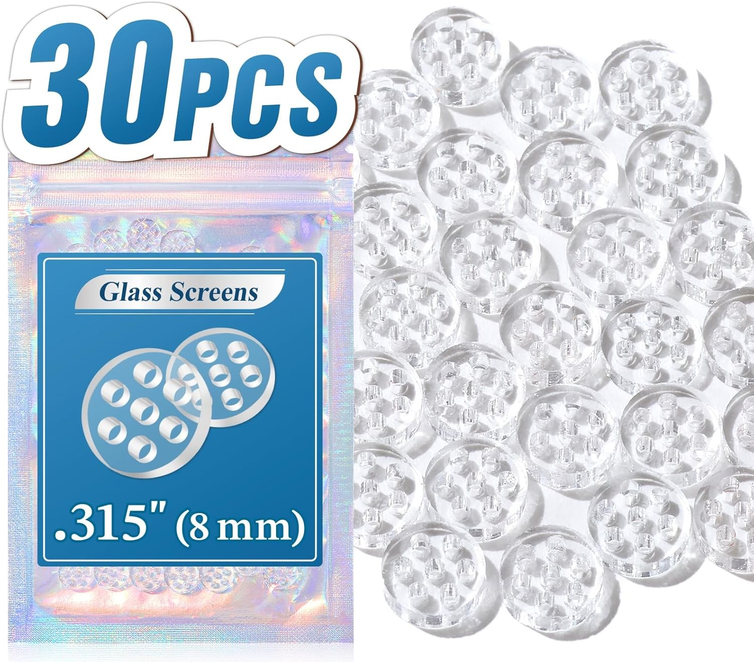 Glass Screens for Pipes and Bowls, 30Pcs 8mm Glass Filter with 7 Honeycomb Holes