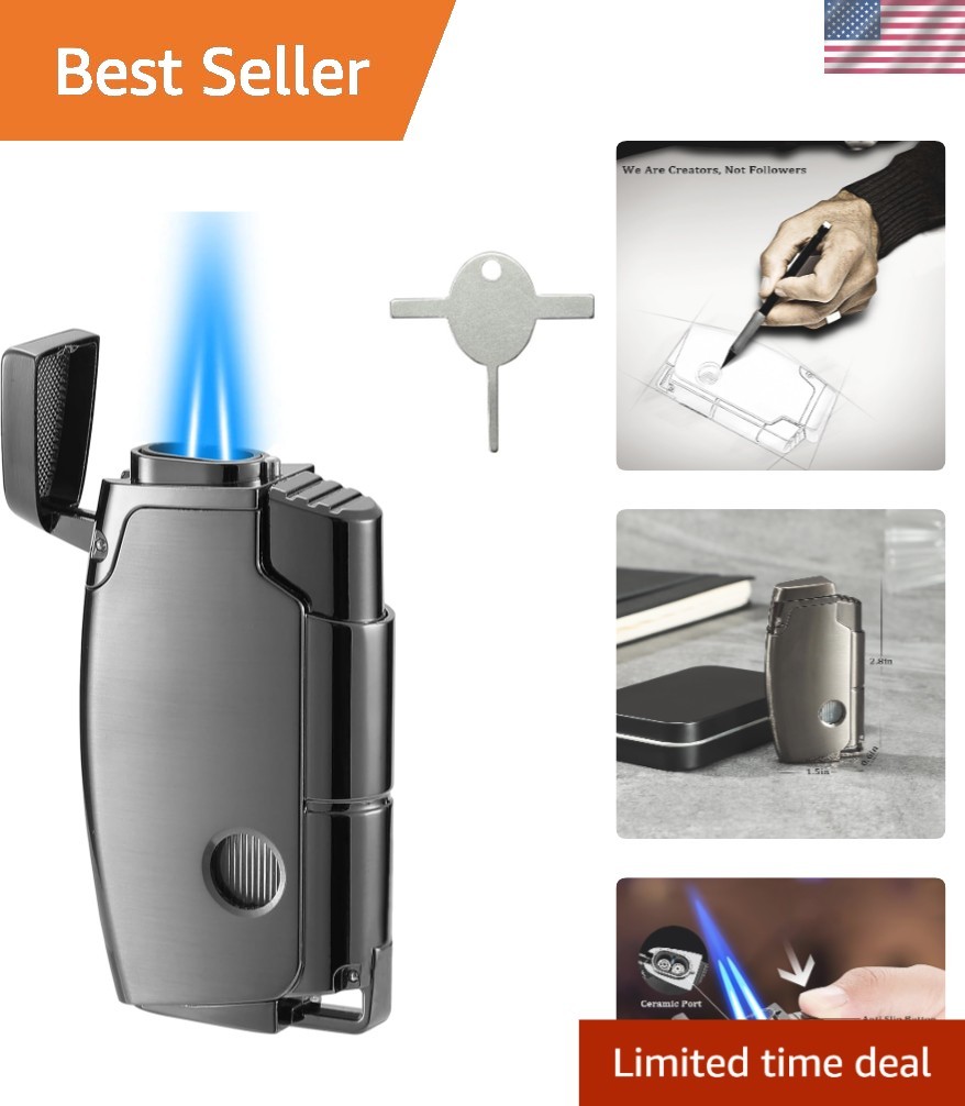 Double Torch Butane Lighter with Punch, Jet Windproof Lighter with Keyhole, R…