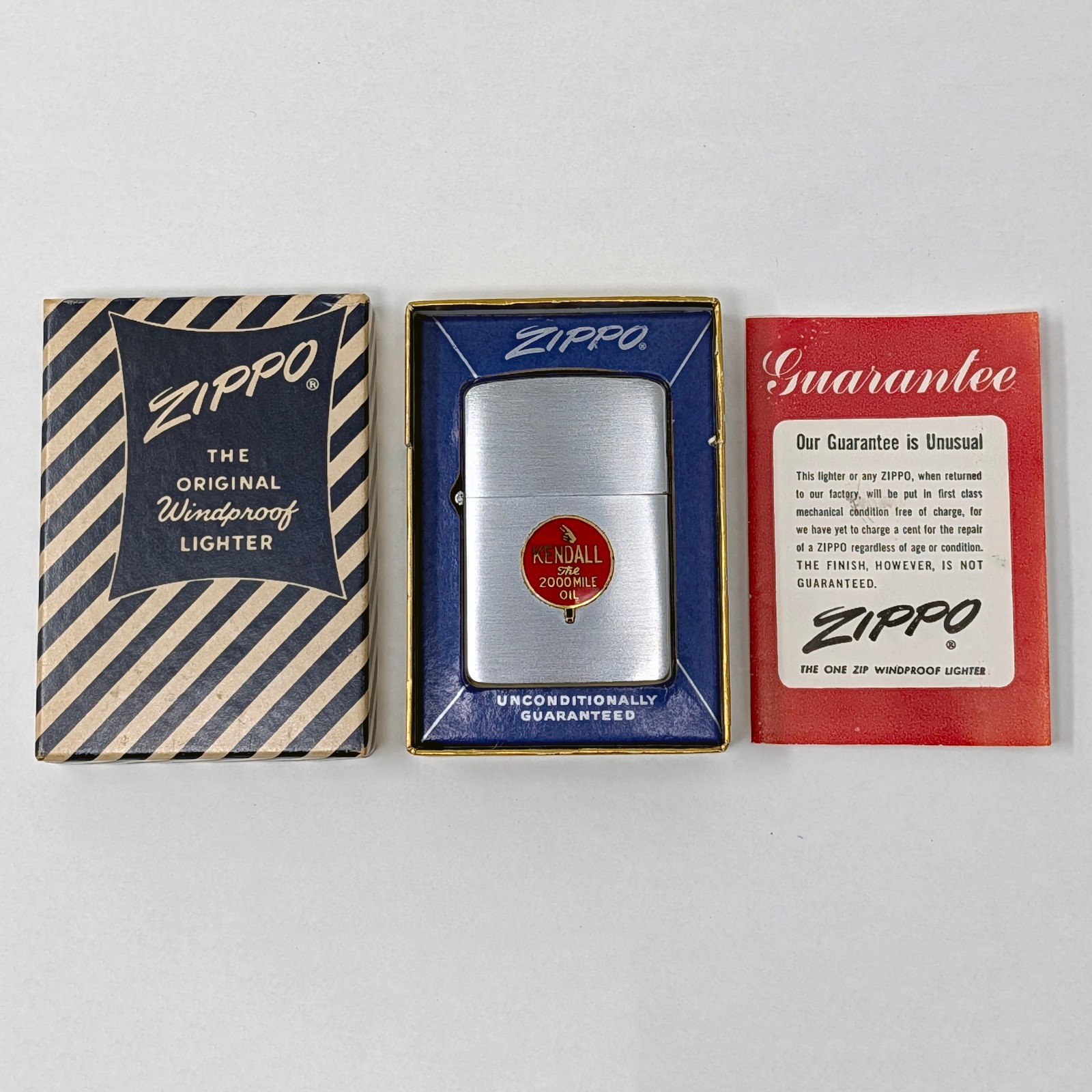 Vtg. Nr Mint Circa 1958 Zippo Lighter KENDALL, THE 2000 MILE OIL Blue Stripe Box