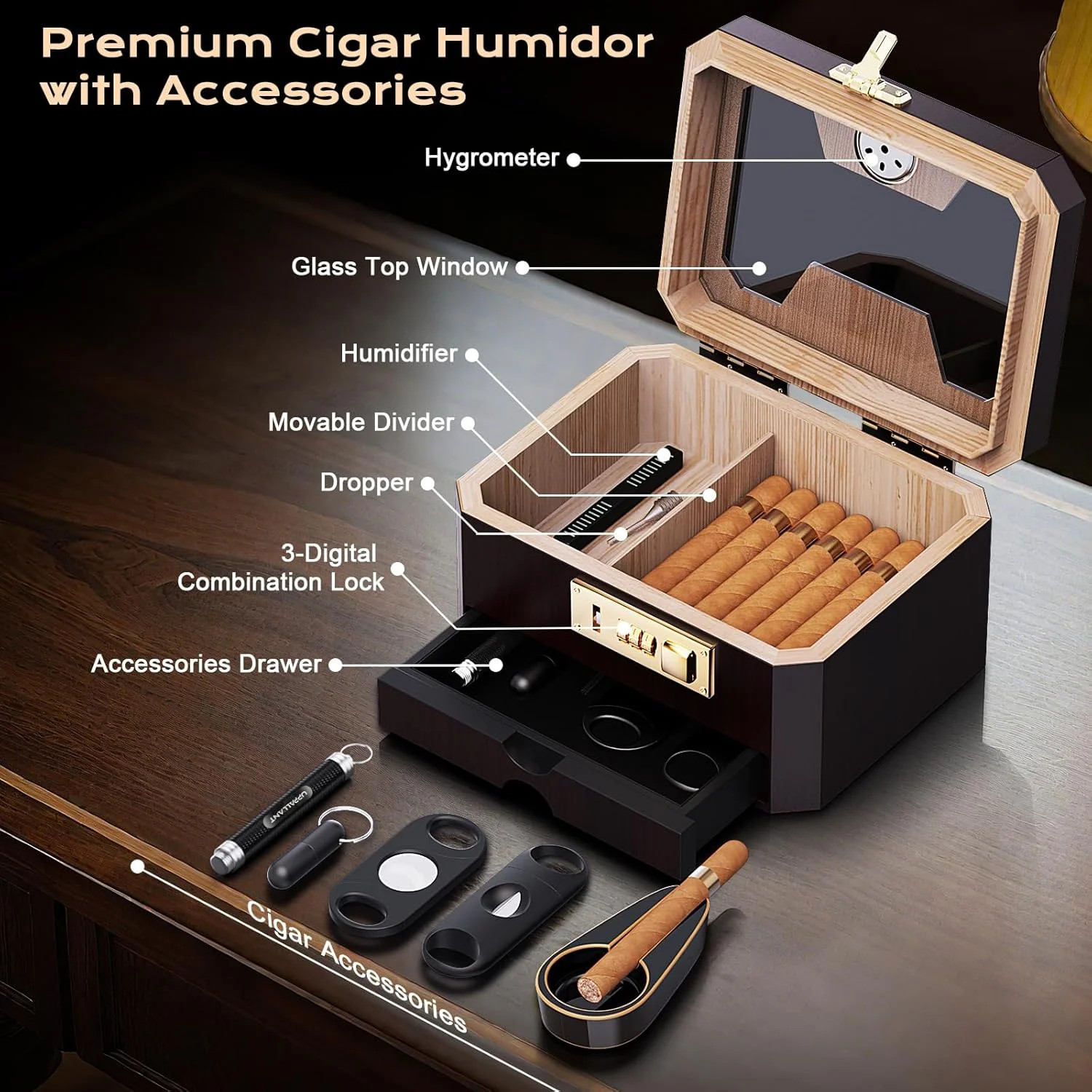 Cigar Humidor, Cedar Wood Desktop Humidor Cigar Box with Combination Lock, Glass