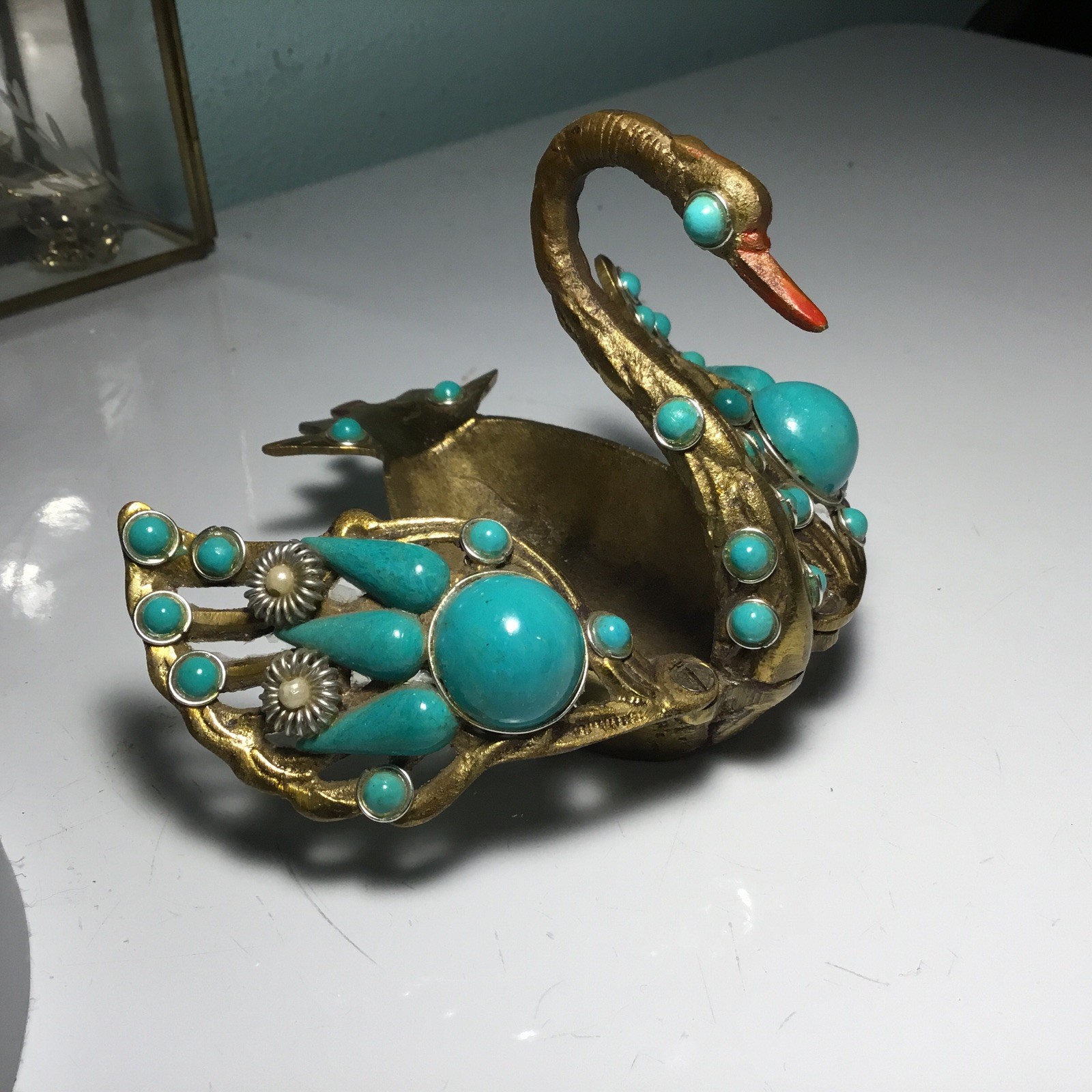 Colorful Pretty Brass Swan Ashtray w/ Turquoise Colored Stones with Swivel Wings