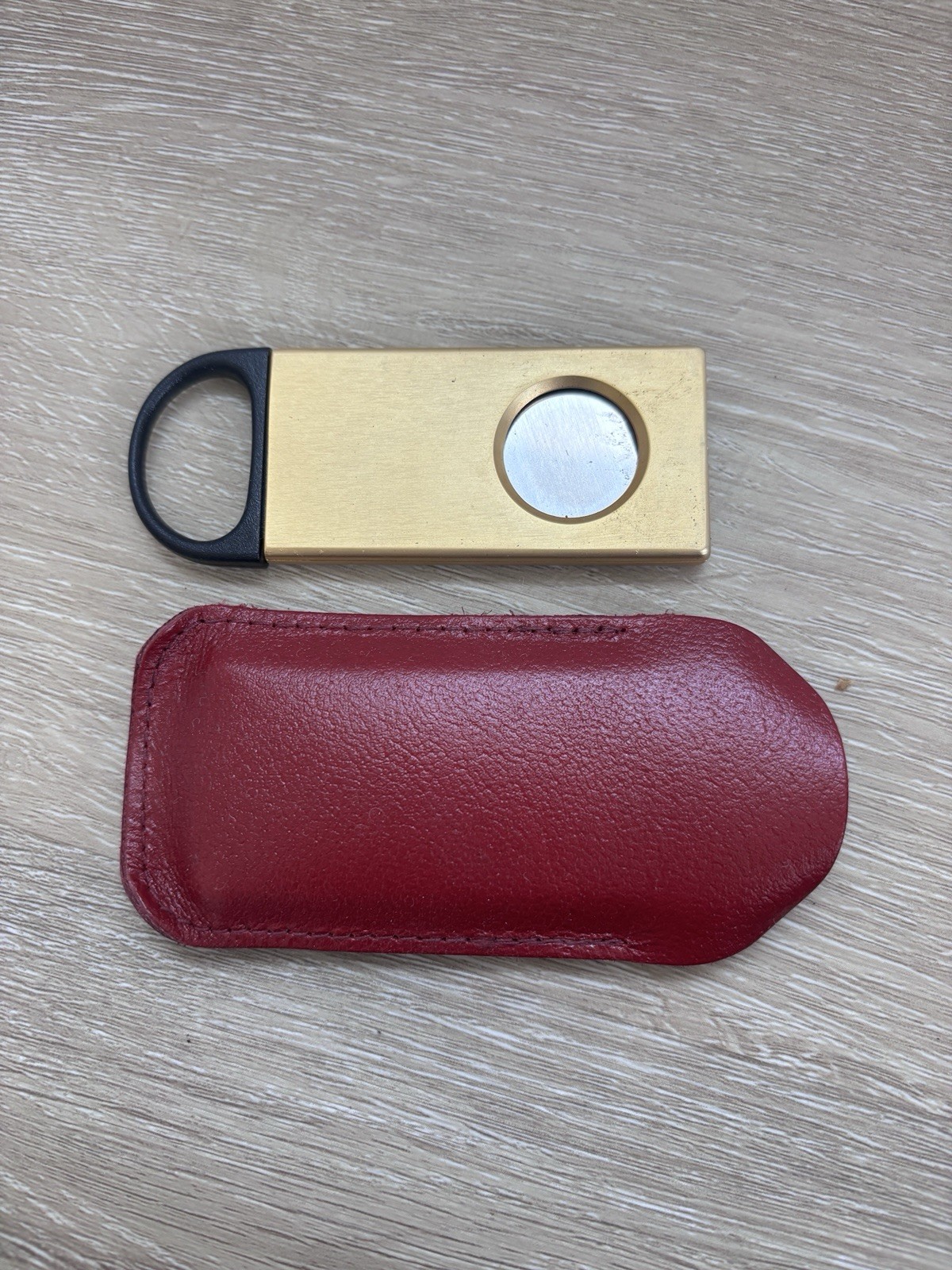 Vintage Gold Cigar Cutter Guillotine Pocket Size W/Red Leather Travel Case