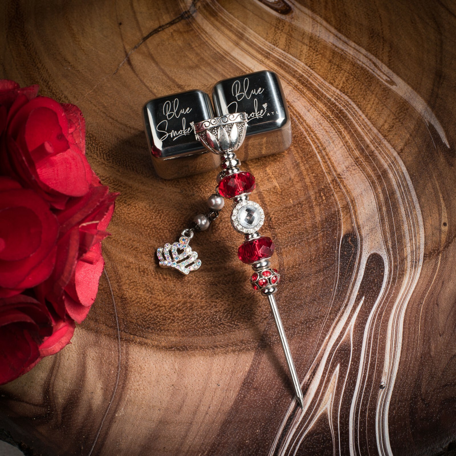 Princess Charm Beaded Cigar Poker, Red and Silver Dagger Cigar Nubber for Women