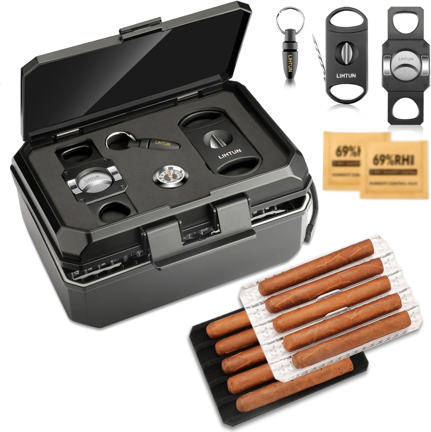 Travel Humidor Box and Cigar Accessories Set, Portable Cigar Humidor Case with 2