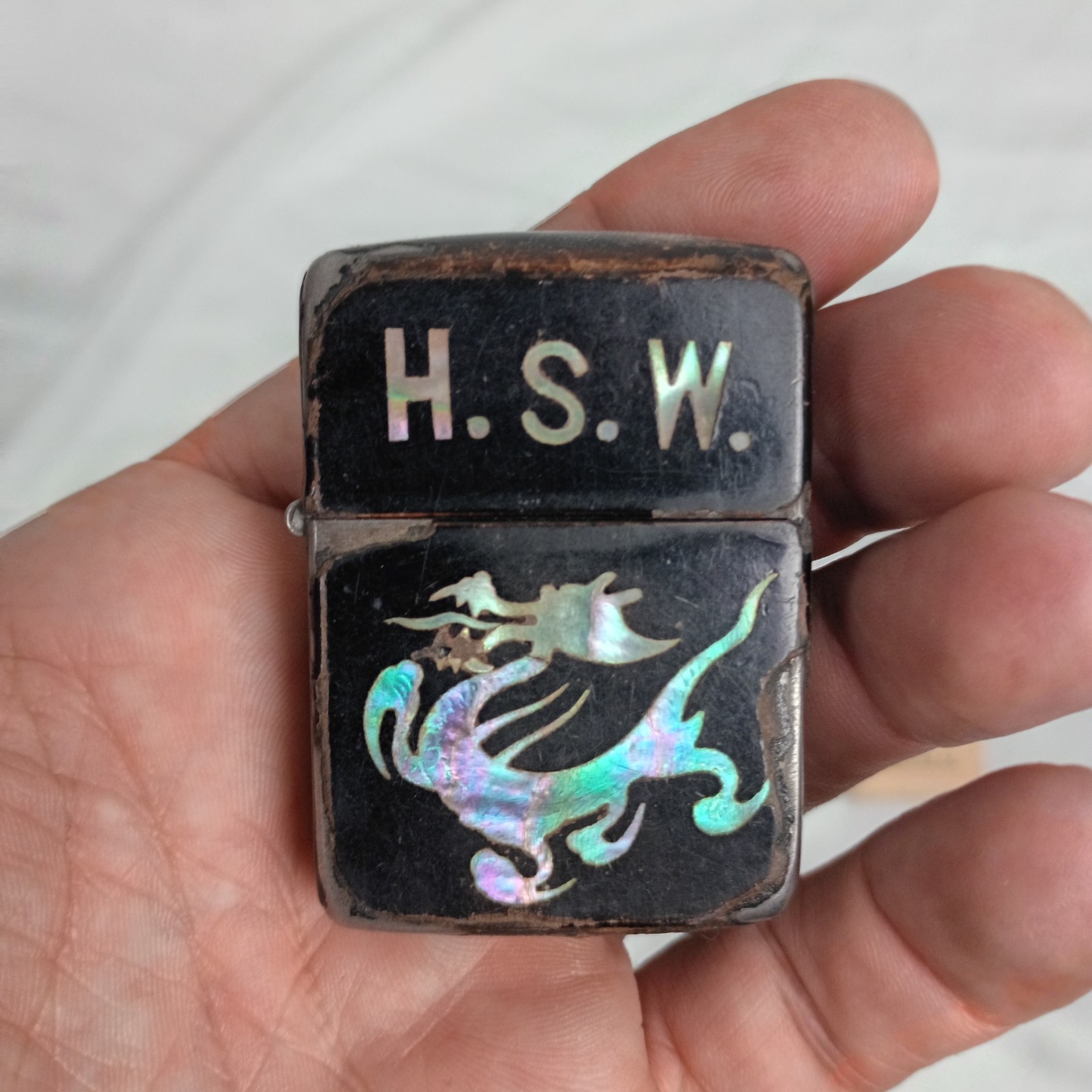 WWII Military 3 Barrel Hinge Zippo Black Crackle Lighter in Box Mother Of Pearl