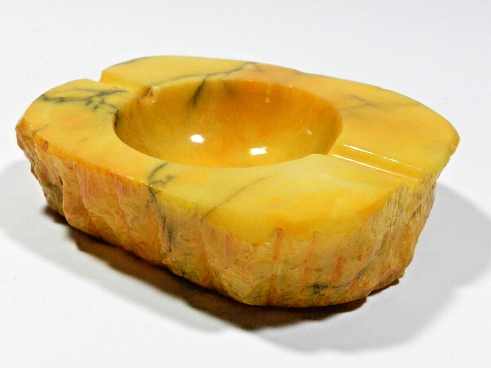 Vintage Carved Alabaster Ashtray MCM Marble Yellow Stone