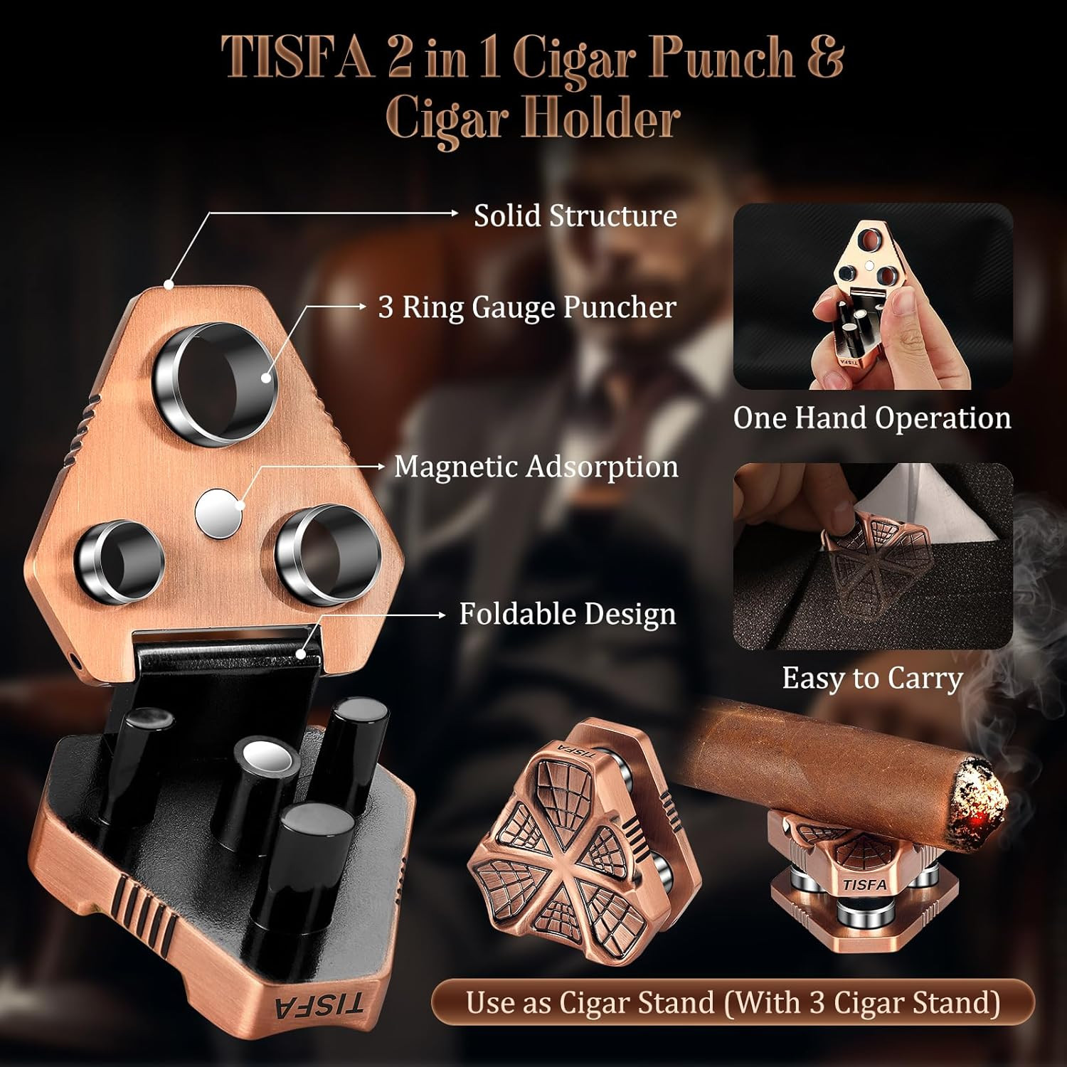 TISFA Cigar Punch and Cigar Holder 2 in 1, Portable Cigar Accessories Tool with