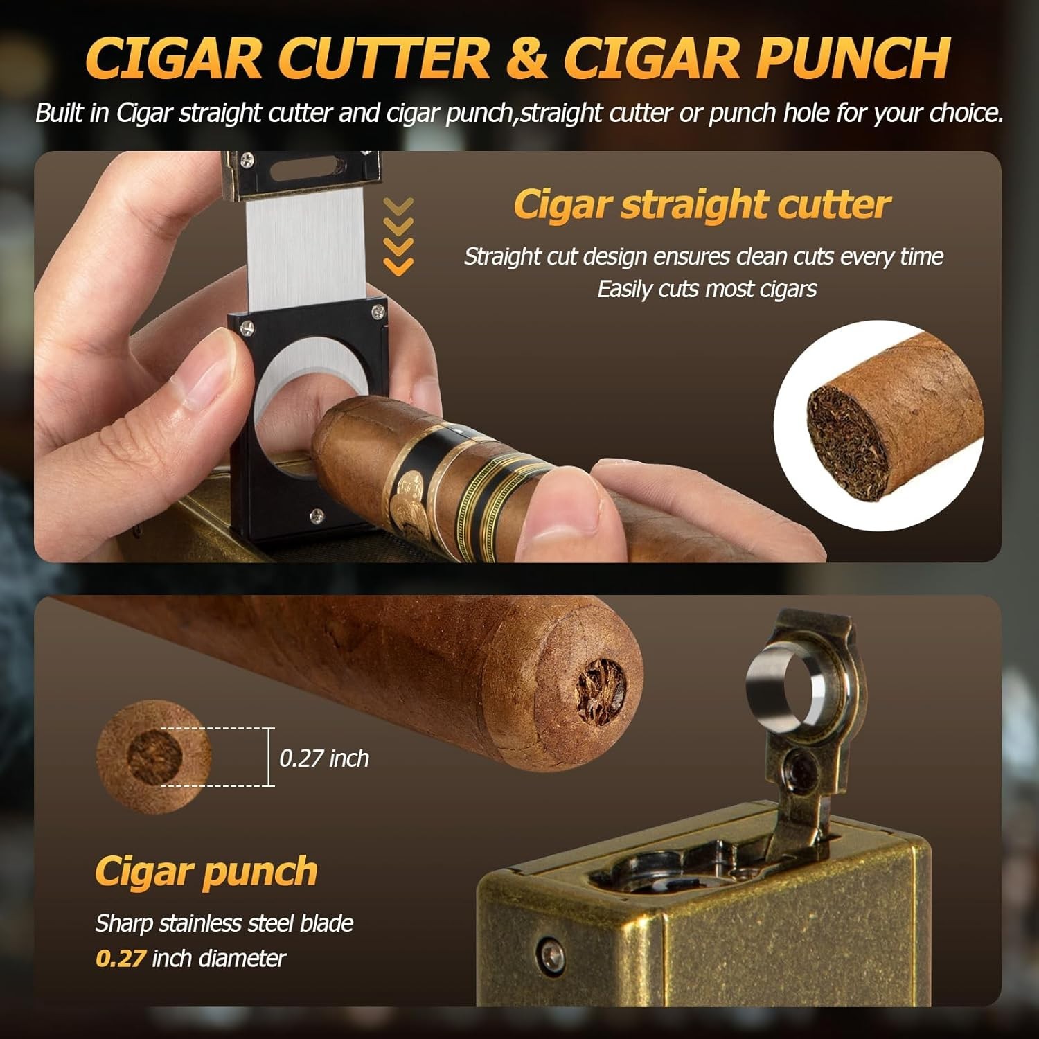 Torch Lighter with Adjustable Dual-Flame Built-in Cigar Punch Holder Cutter
