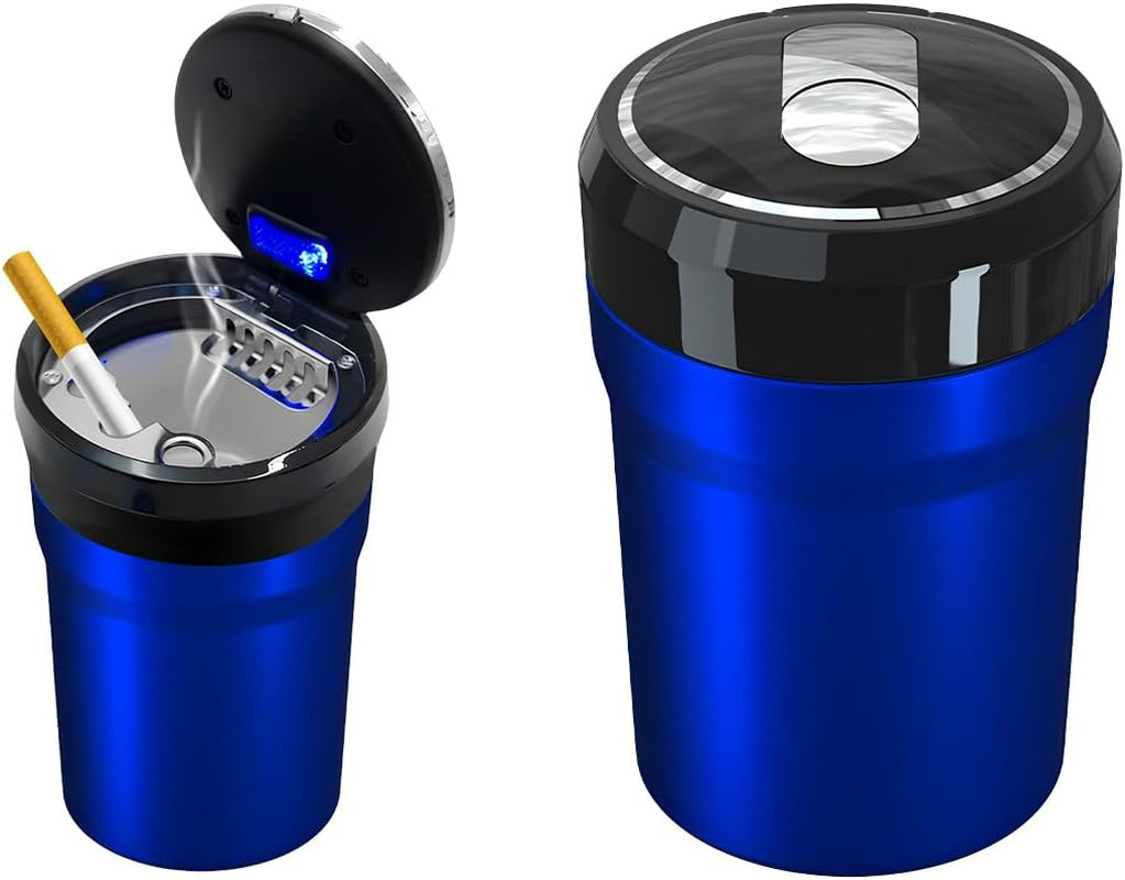 Car Ashtray with Lid Smell Proof Smokeless Ceramic Ash Tray LED Cup Holder Blue