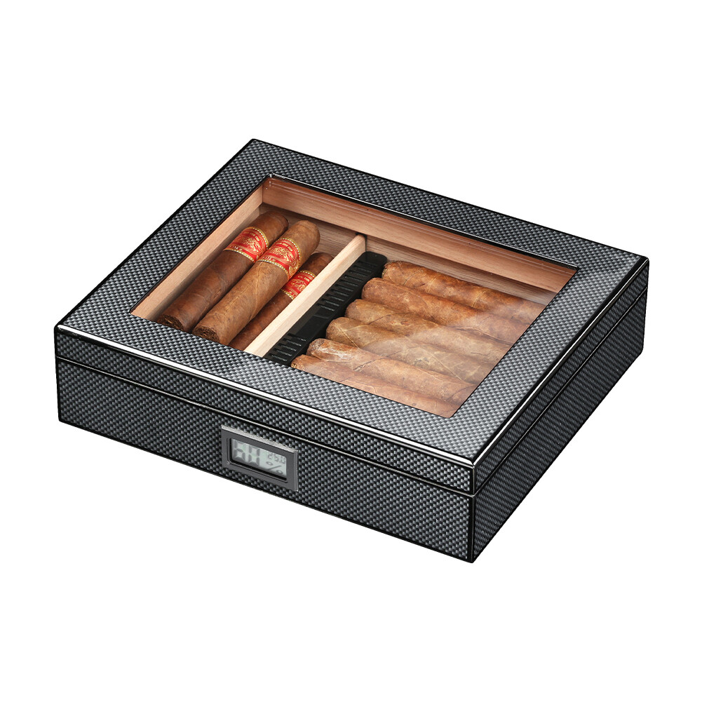 20ct Cigar Humidor Storage Box Desktop Glasstop Humidifier Hygrometer Wooden