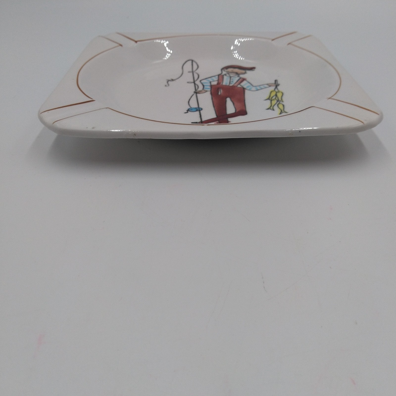 Gay Ninety’s Dandy Fishing Gentleman Man Ceramic Ashtray MCM Vintage